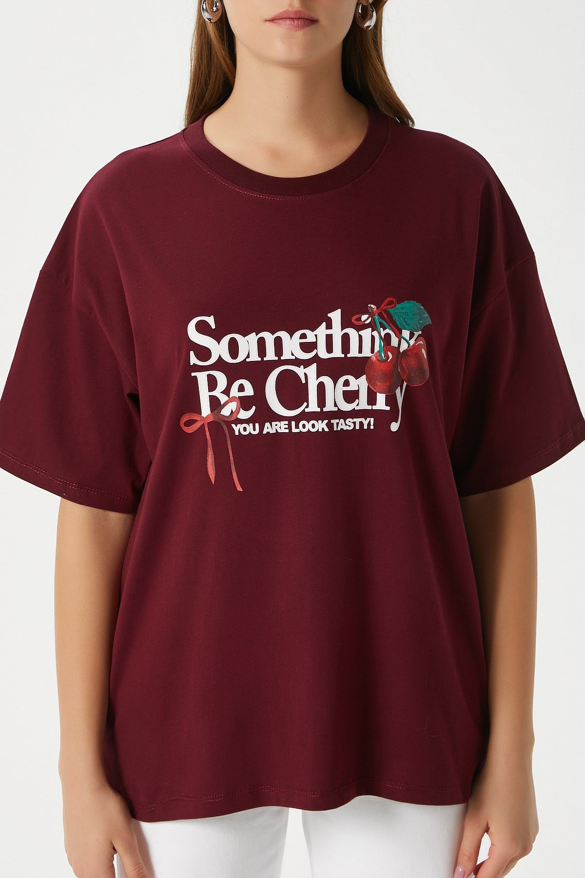 Kadın Something Kiraz Baskılı Bordo Oversize T-Shirt