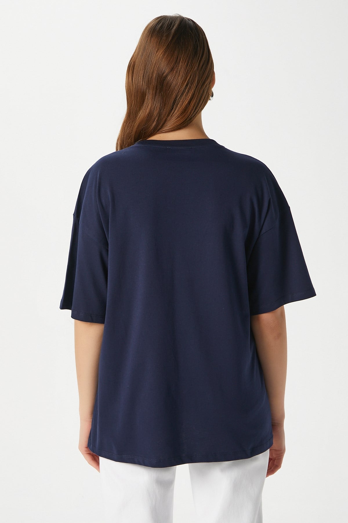 Kadın Something Kiraz Baskılı Lacivert Oversize T-Shirt