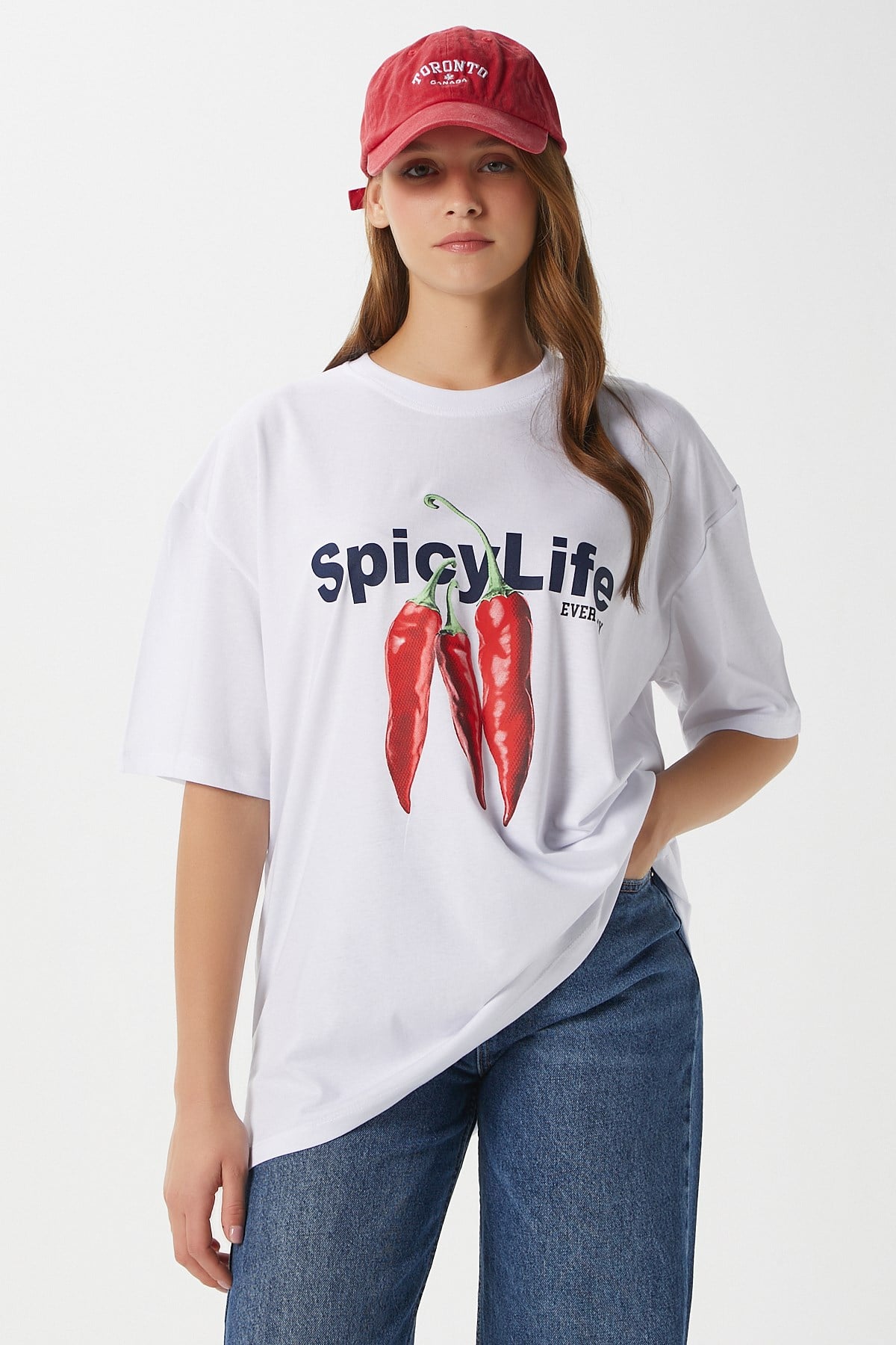 Kadın Spicy Biber Desenli Oversize T-Shirt