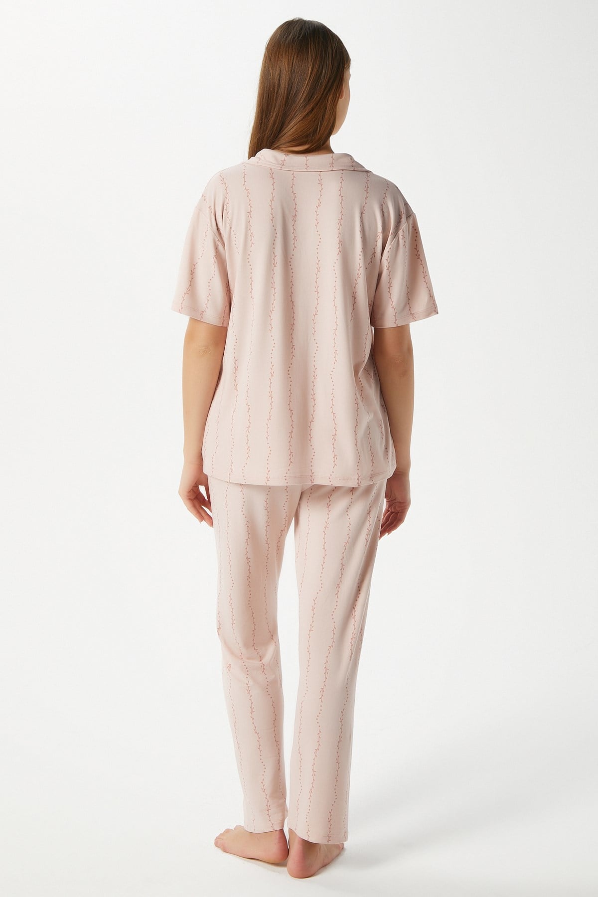 Kadın Spring Yumuşak Doku Pudra Bahar Dalı Ön Düğmeli Kısa Kollu Pijama Takımı