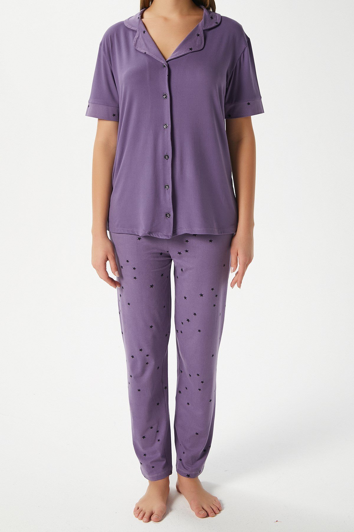Kadın Star Yumuşak Doku Mor Yıldızlı Ön Düğmeli Kısa Kollu Pijama Takımı