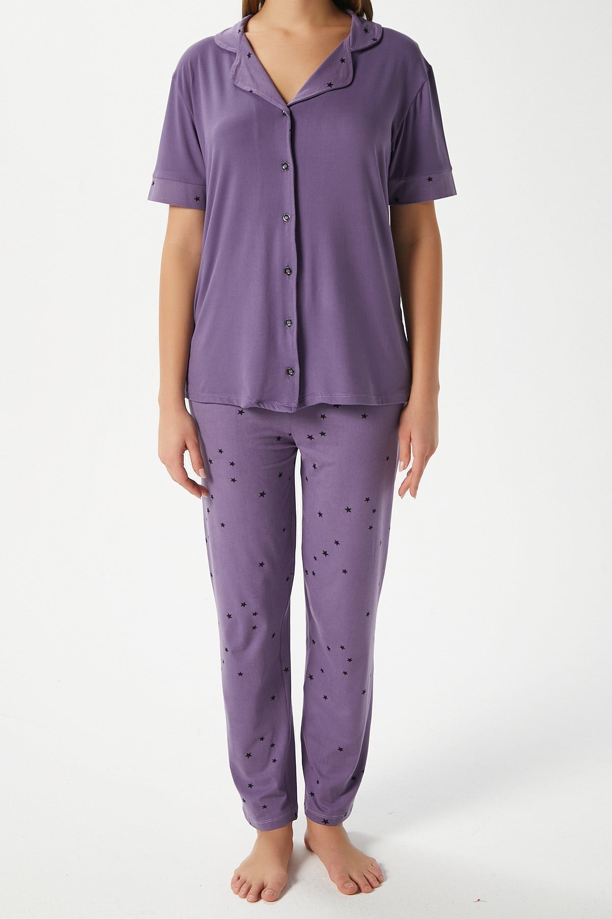 Kadın Star Yumuşak Doku Mor Yıldızlı Ön Düğmeli Kısa Kollu Pijama Takımı