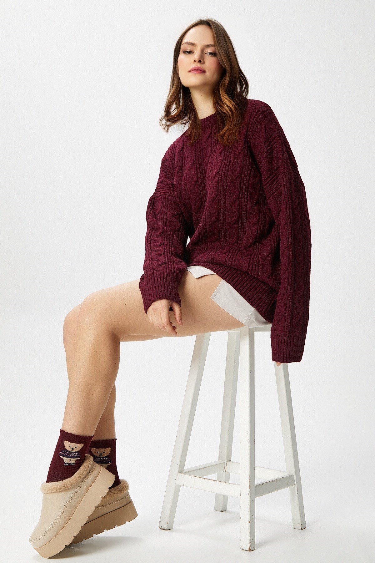 Kadın Stella Yumuşak Oversize Bordo Triko Kazak