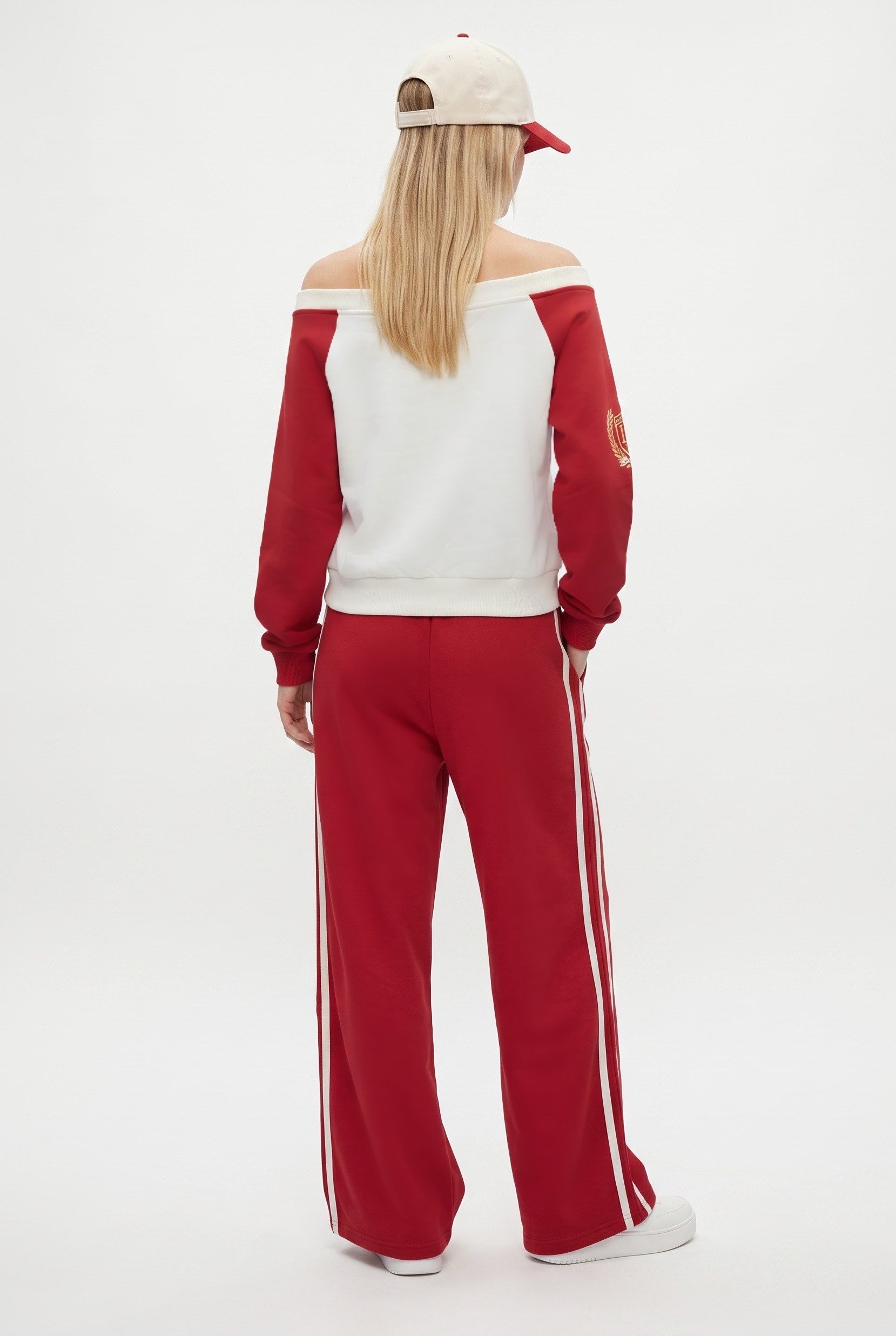 Kadın Stone Kayık Yaka Sweatshirt Şeritli Alt Eşofman Kırmızı Alt Üst Takım