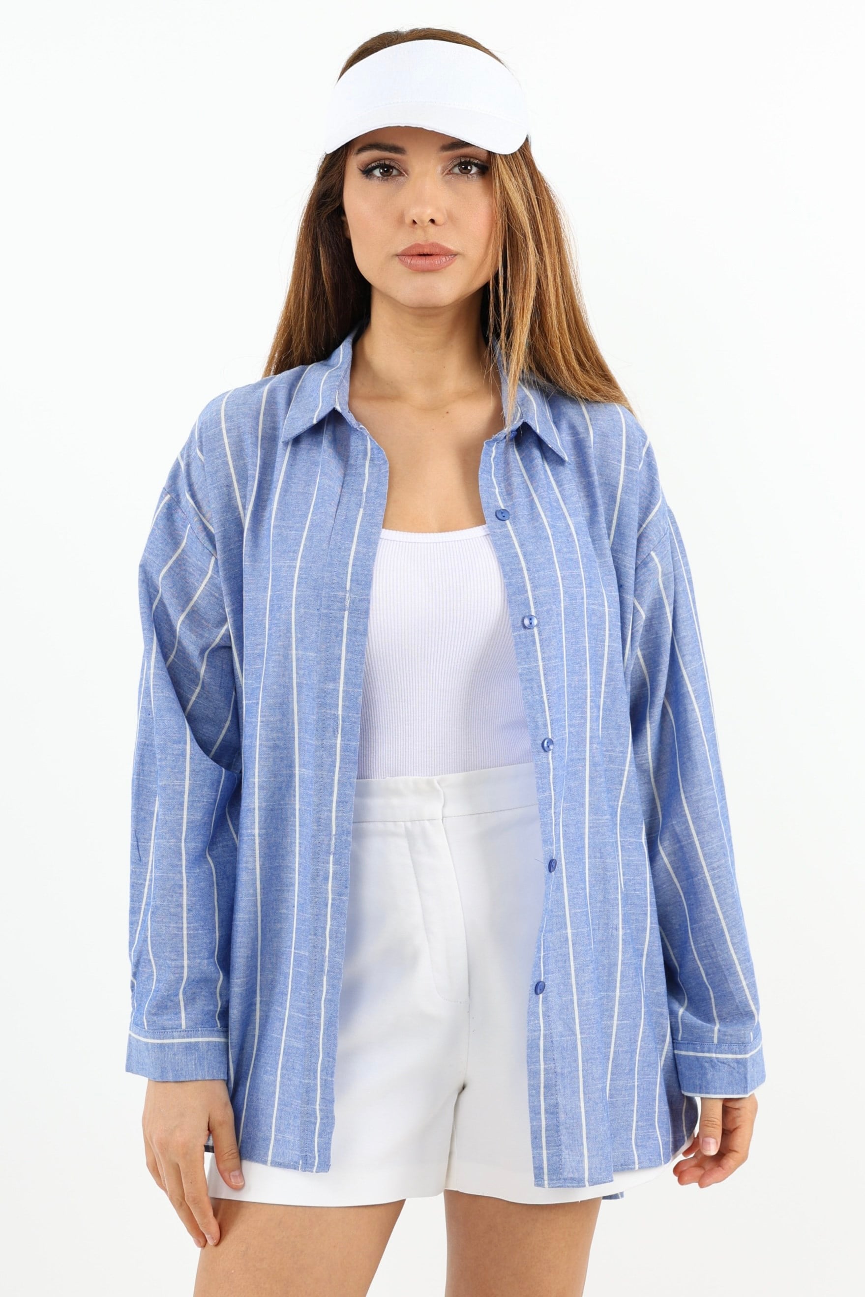 Kadın Stripe %100 Pamuk Oversize Çizgili Uzun Gömlek