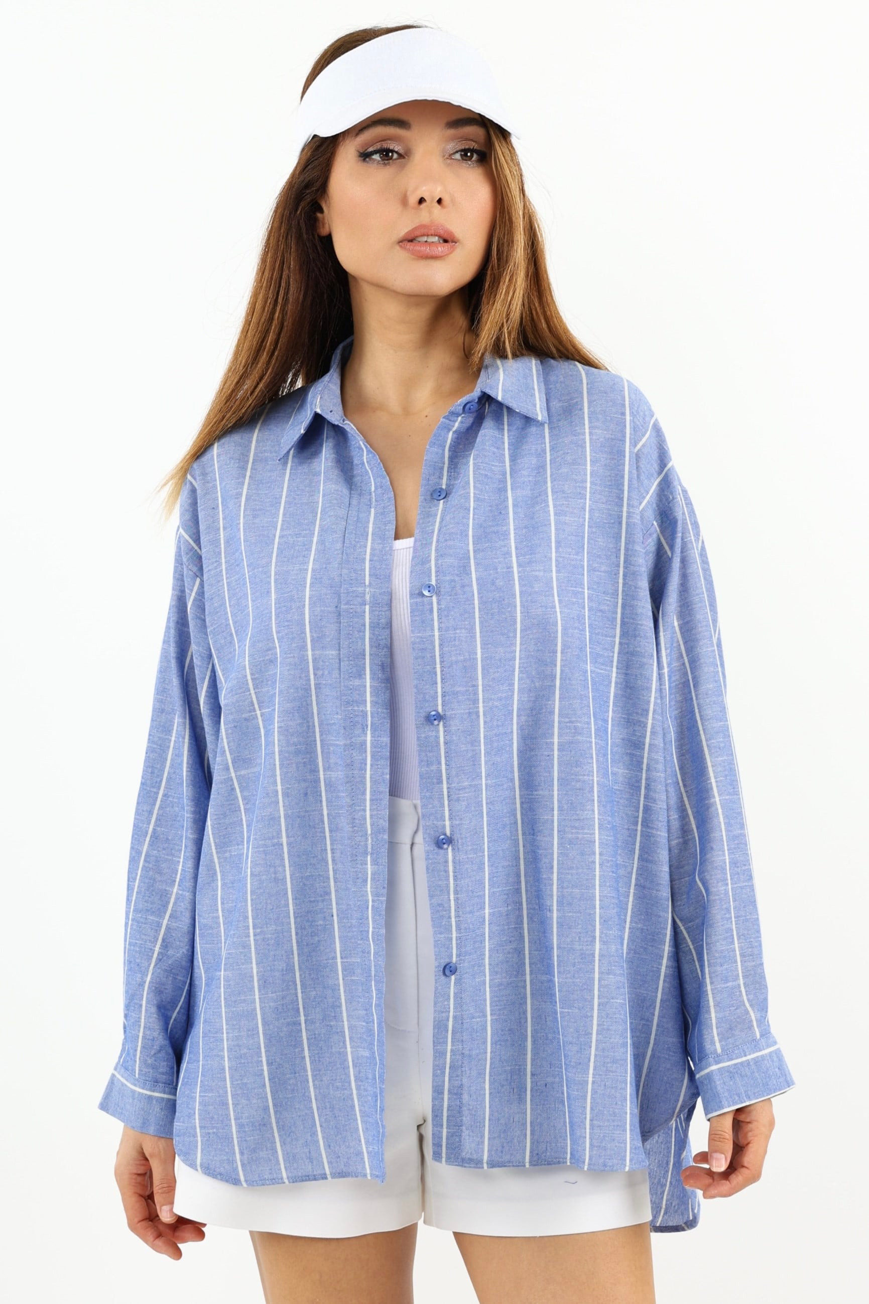 Kadın Stripe %100 Pamuk Oversize Çizgili Uzun Gömlek