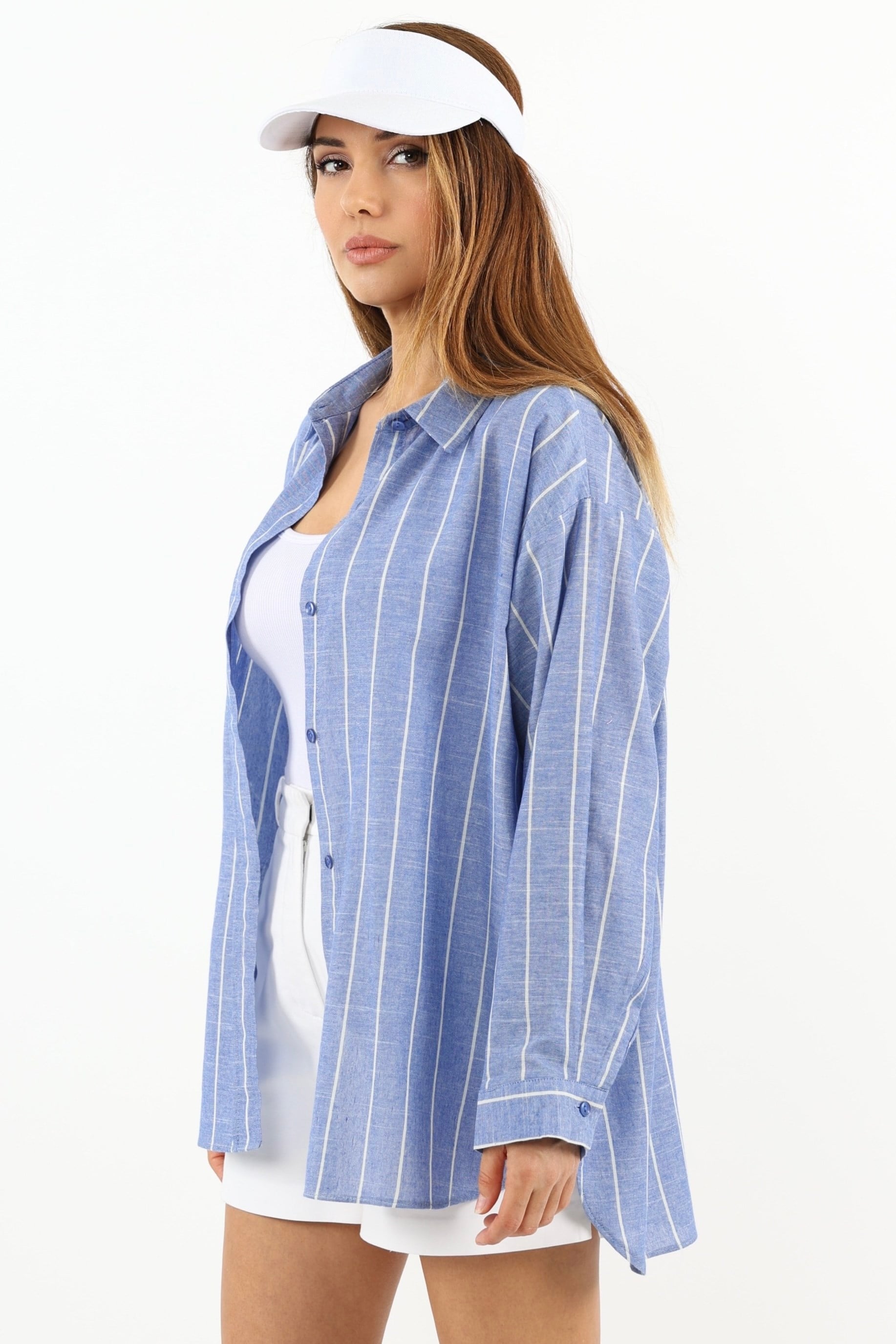 Kadın Stripe %100 Pamuk Oversize Çizgili Uzun Gömlek