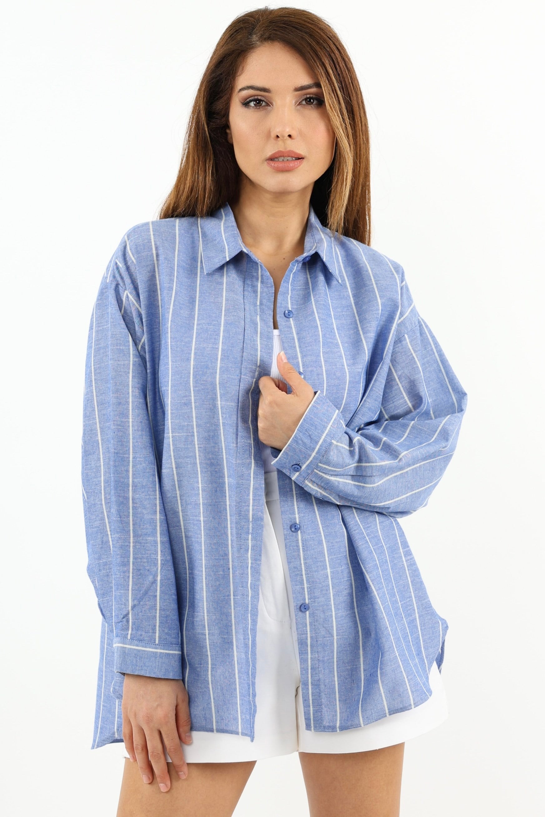 Kadın Stripe %100 Pamuk Oversize Çizgili Uzun Gömlek