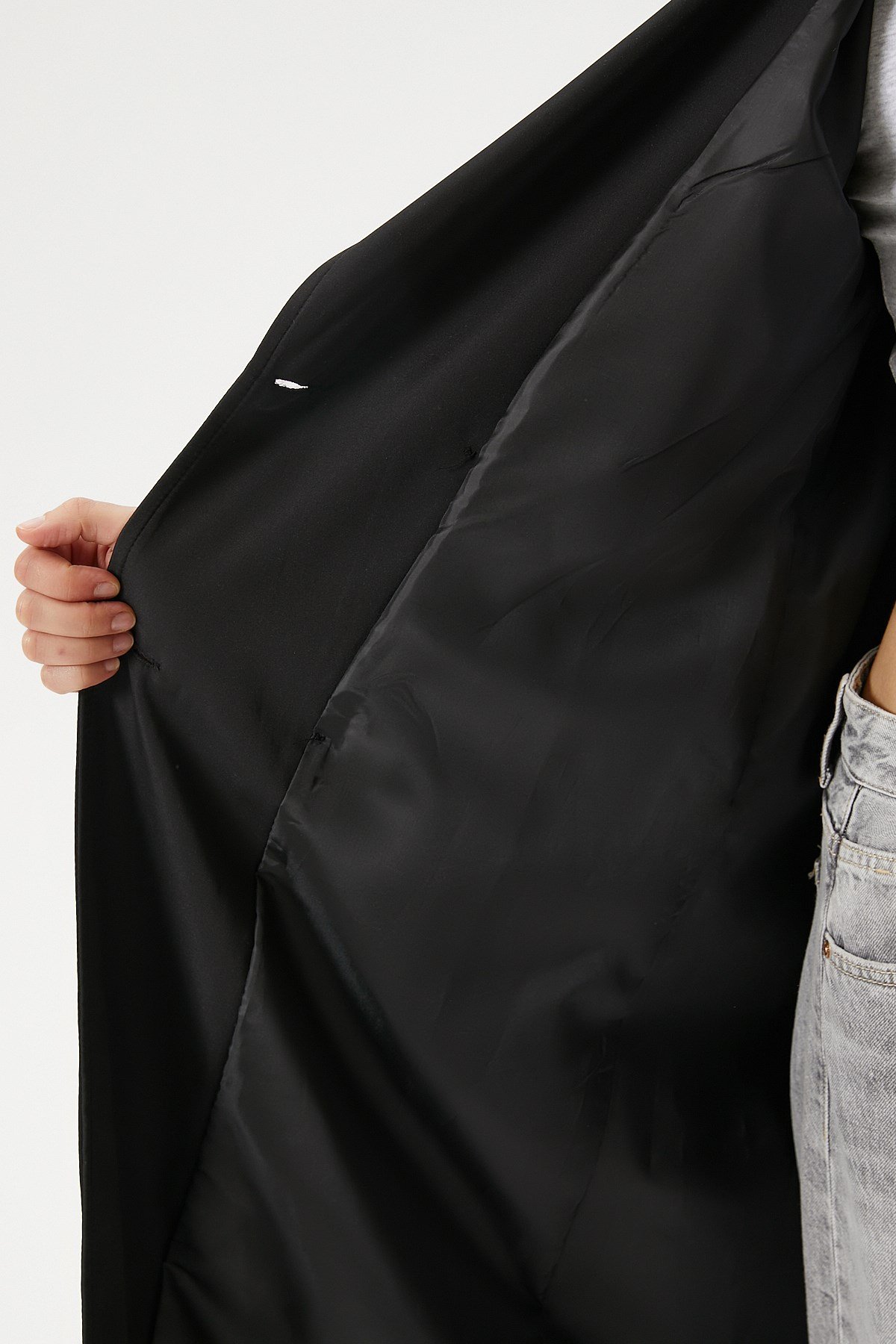 Kadın Style Astarlı Kapaklı Siyah Trençkot