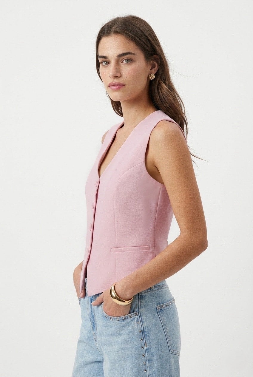 Kadın Style Astarlı Pembe Dokuma Yelek