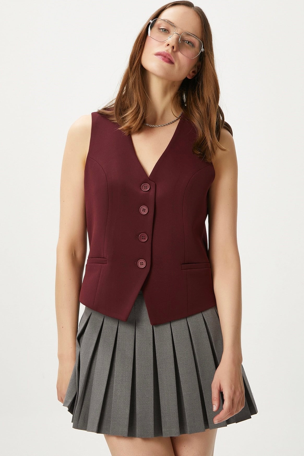 Kadın Style Bordo Astarlı Dokuma Yelek