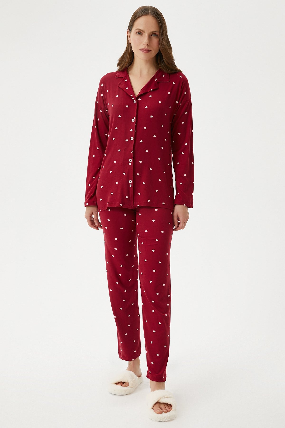 Kadın Sweety Extra Soft Bordo Kalpli Pijama Takımı