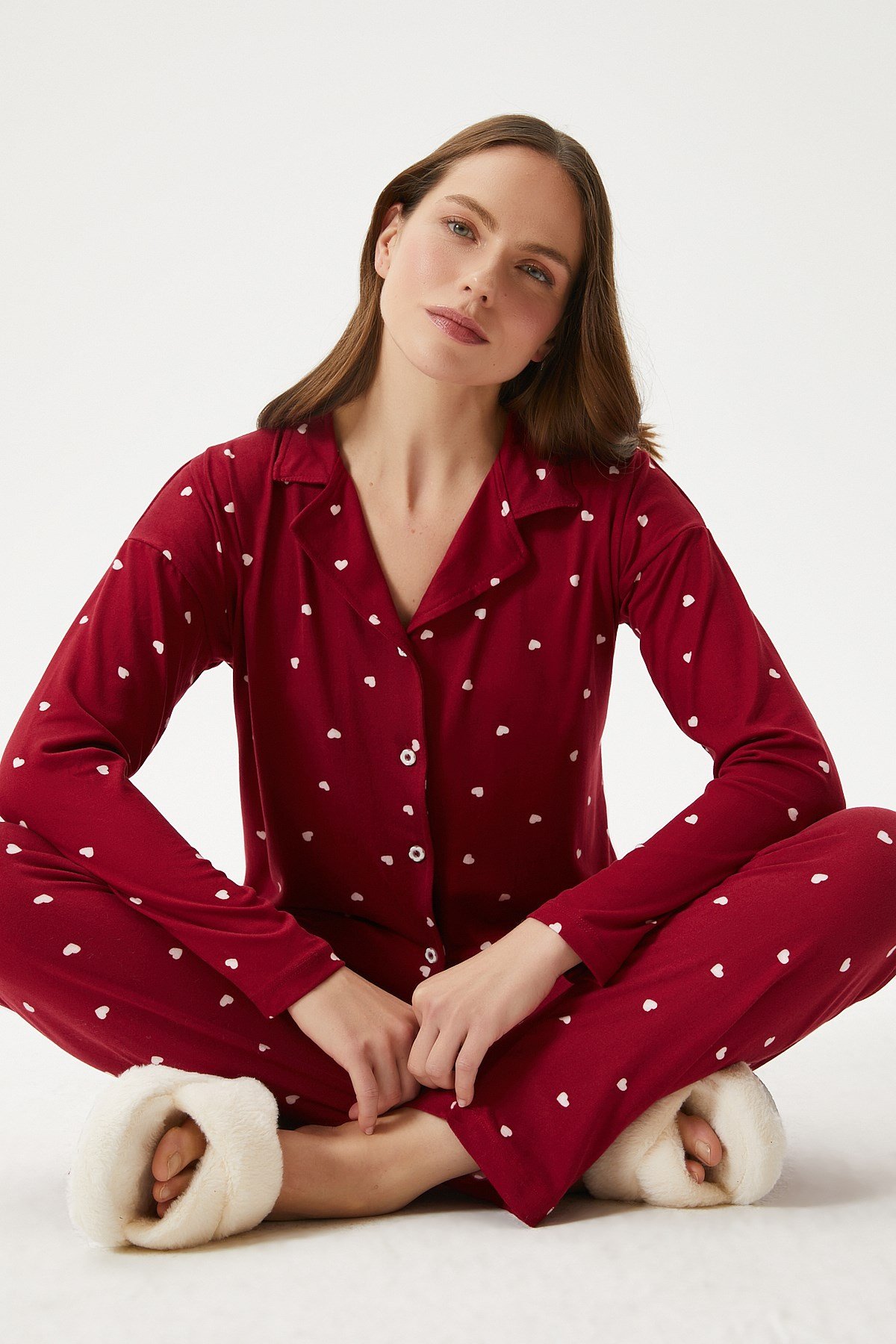 Kadın Sweety Extra Soft Bordo Kalpli Pijama Takımı