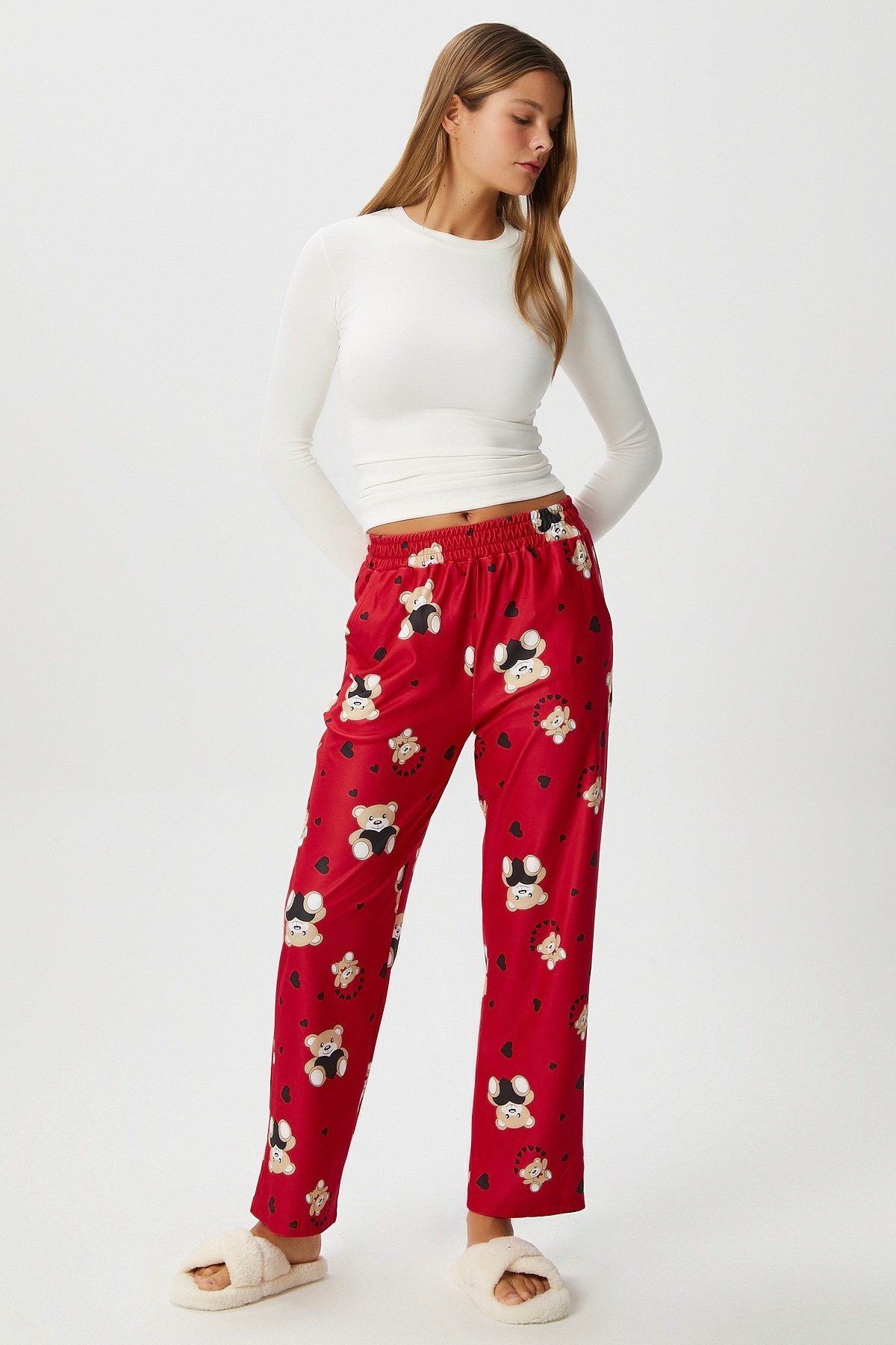 Kadın Teddi Ultra Yumuşak Cepli Kırmızı Ayıcık Desen Yılbaşı Pijama Altı