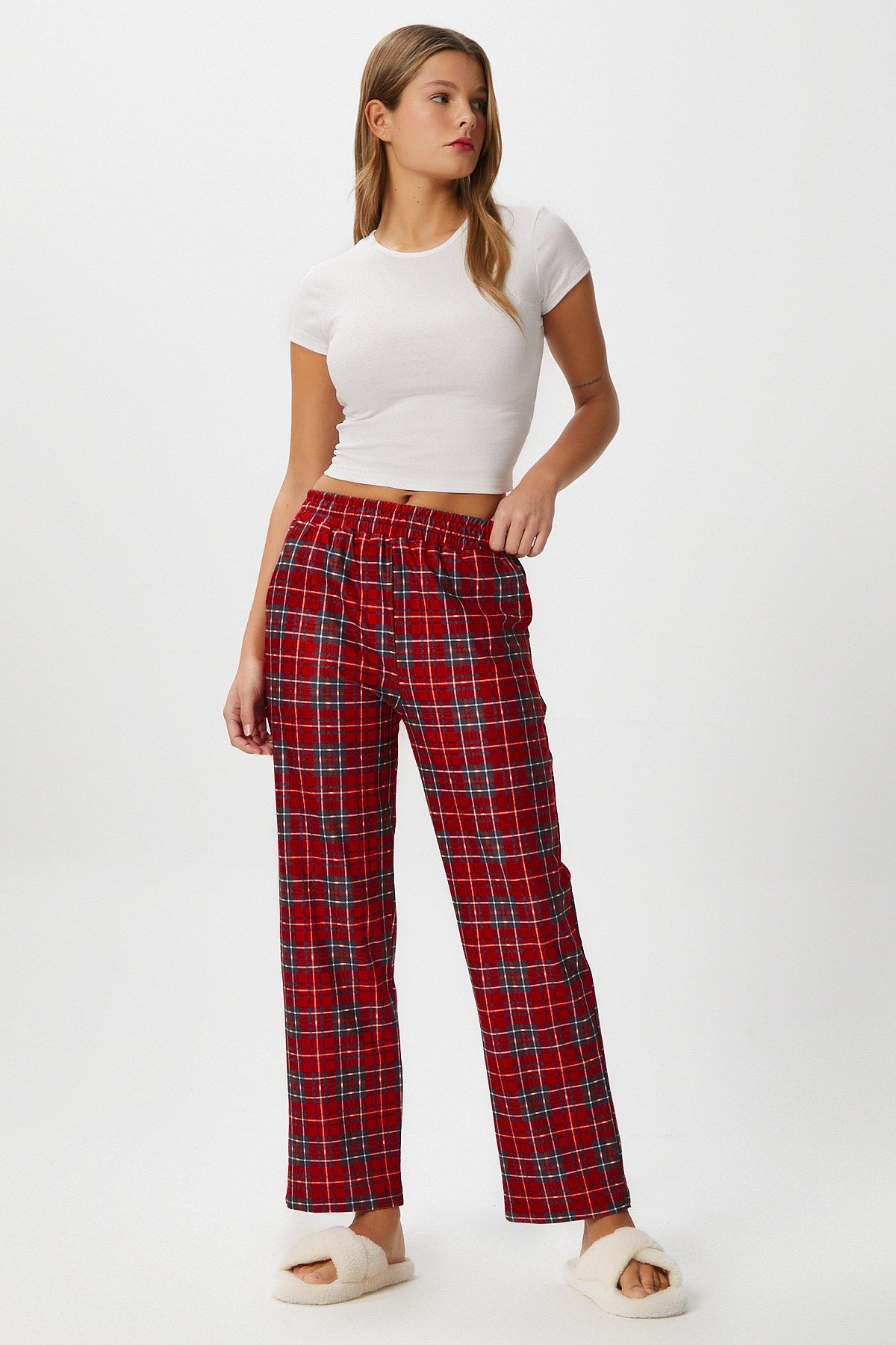 Kadın Teddi Ultra Yumuşak Cepli Kırmızı Ekose Desen Yılbaşı Pijama Altı