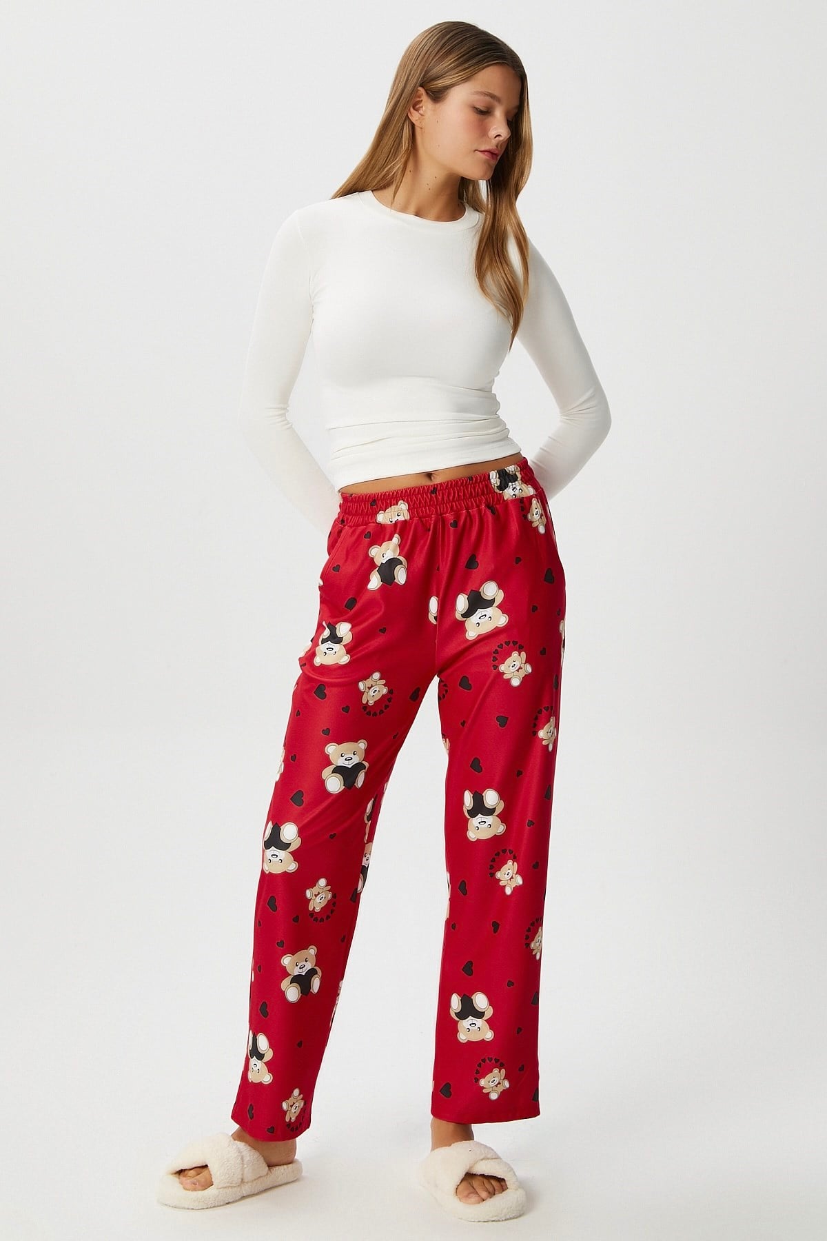 Kadın Teddi Ultra Yumuşak Cepli Kırmızı Ayıcık Desen Yılbaşı Pijama Altı