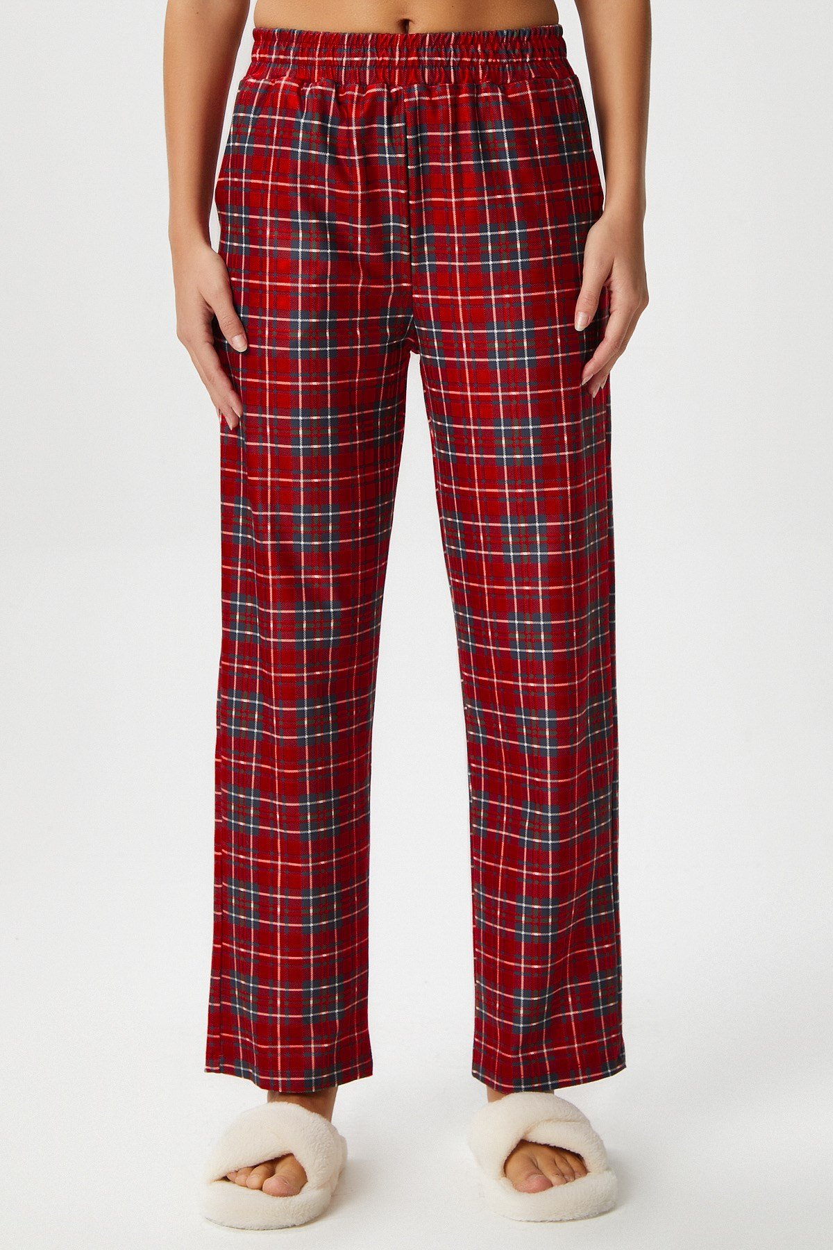 Kadın Teddi Ultra Yumuşak Cepli Kırmızı Ekose Desen Yılbaşı Pijama Altı