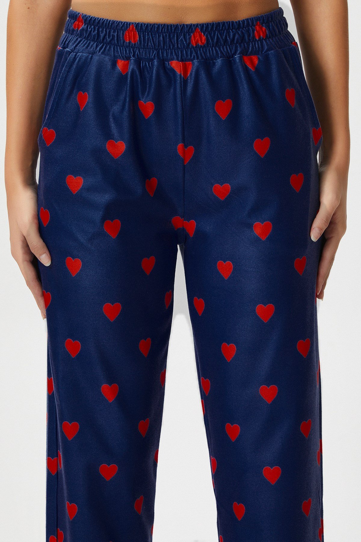 Kadın Teddi Ultra Yumuşak Cepli Lacivert Kalp Desen Yılbaşı Pijama Altı