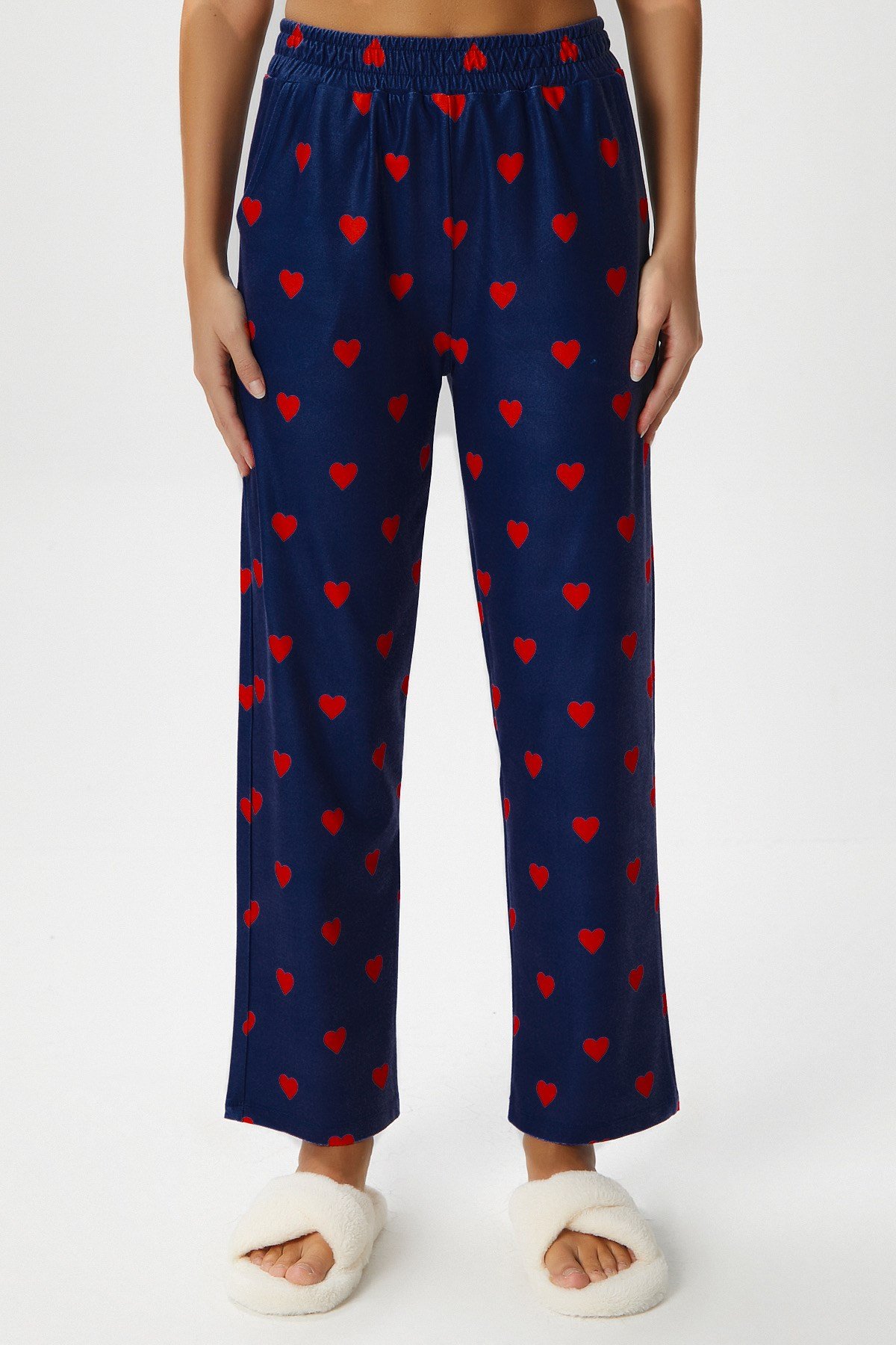Kadın Teddi Ultra Yumuşak Cepli Lacivert Kalp Desen Yılbaşı Pijama Altı