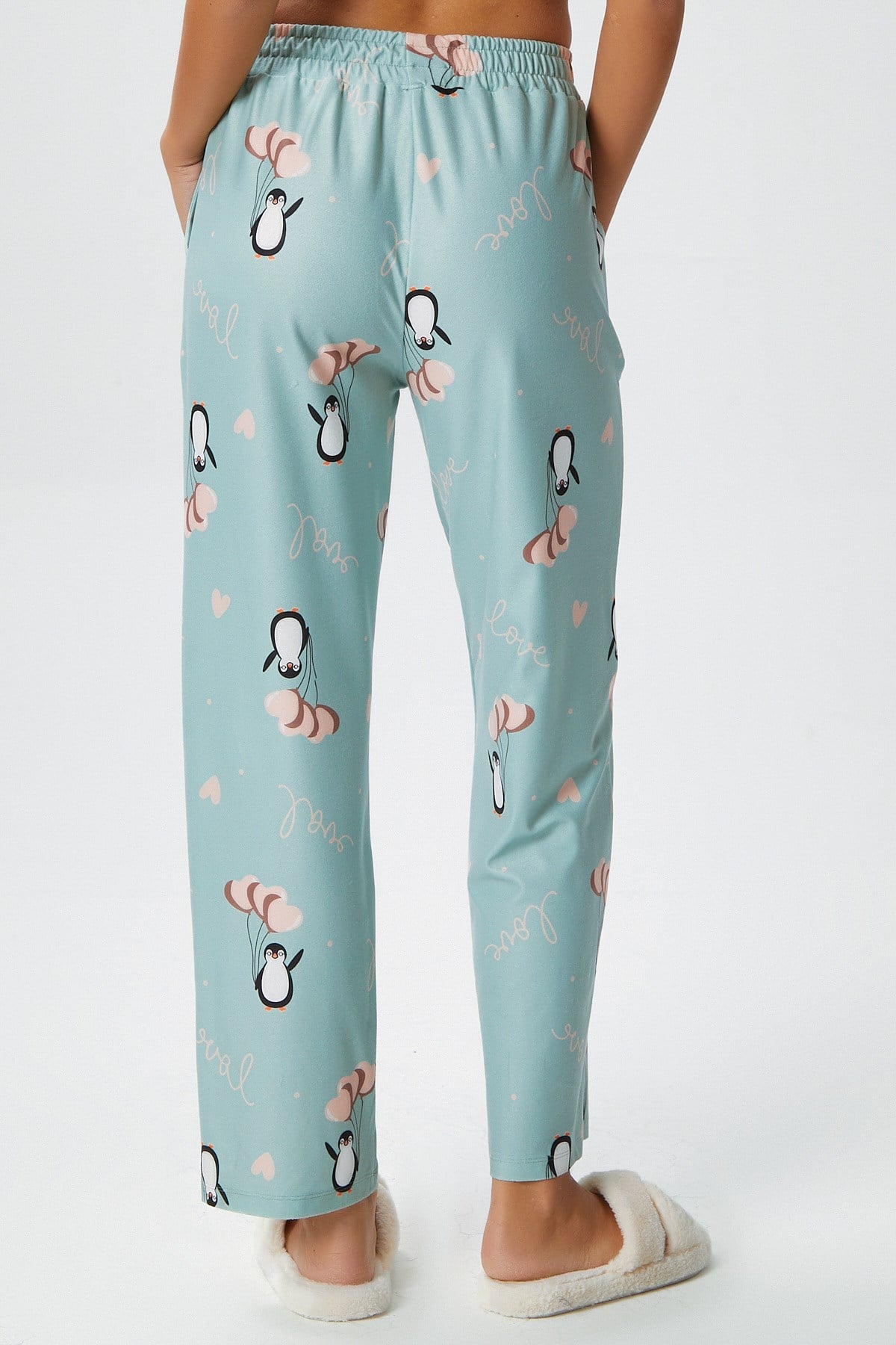 Kadın Teddi Ultra Yumuşak Cepli Mint Penguen Desen Yılbaşı Pijama Altı