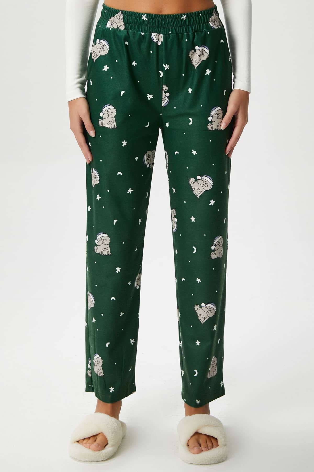 Kadın Teddi Ultra Yumuşak Cepli Yeşil Ayıcık Desen Yılbaşı Pijama Altı