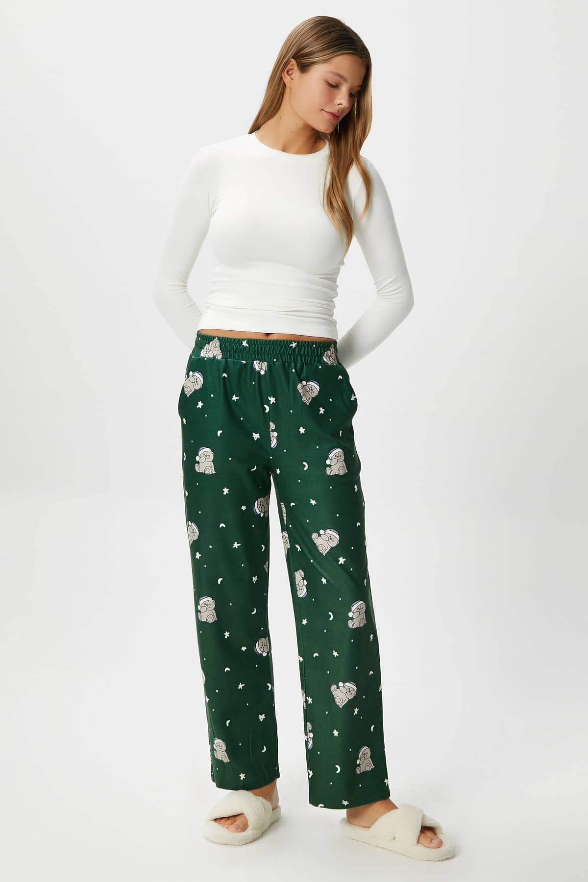 Kadın Teddi Ultra Yumuşak Cepli Yeşil Ayıcık Desen Yılbaşı Pijama Altı