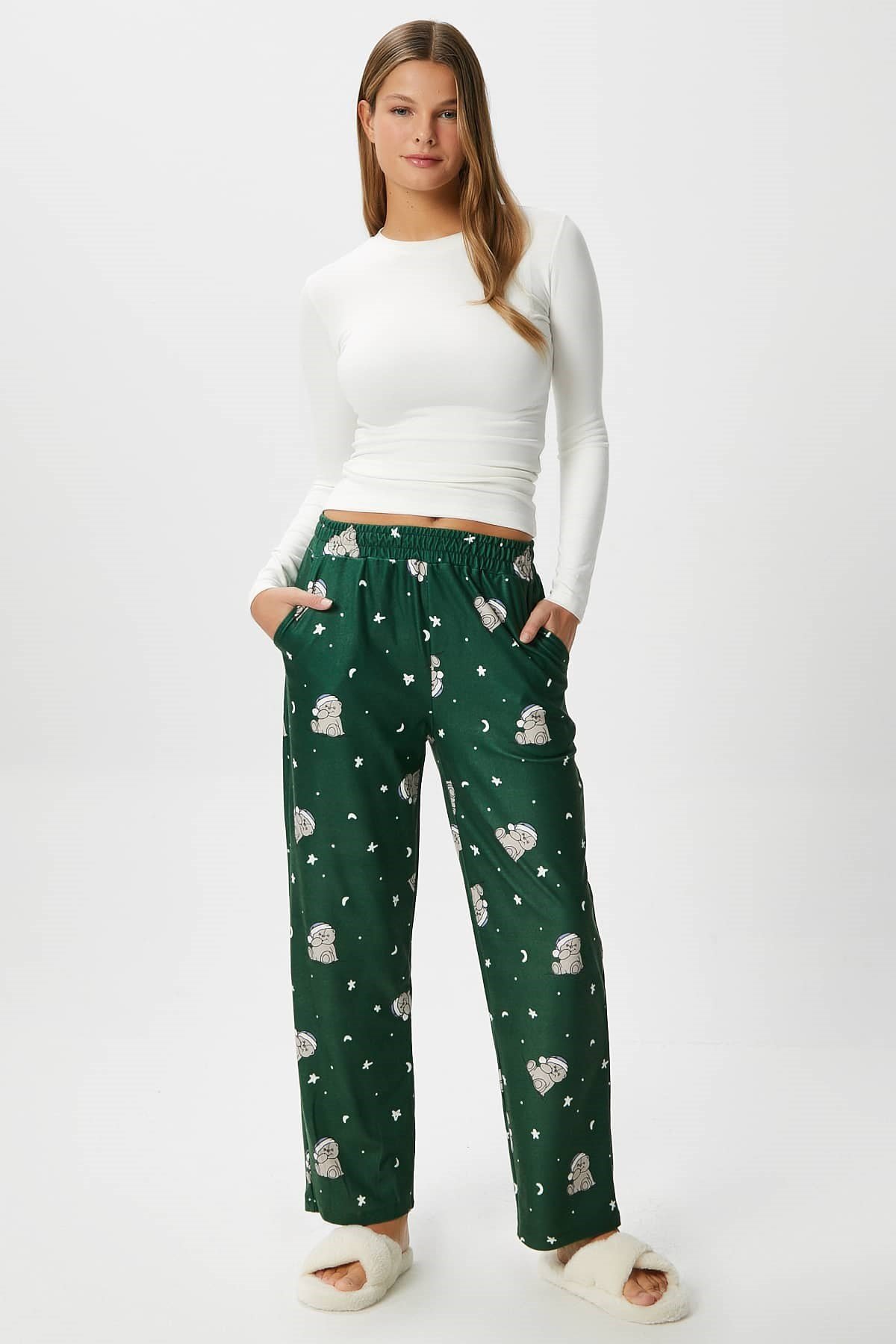 Kadın Teddi Ultra Yumuşak Cepli Yeşil Ayıcık Desen Yılbaşı Pijama Altı