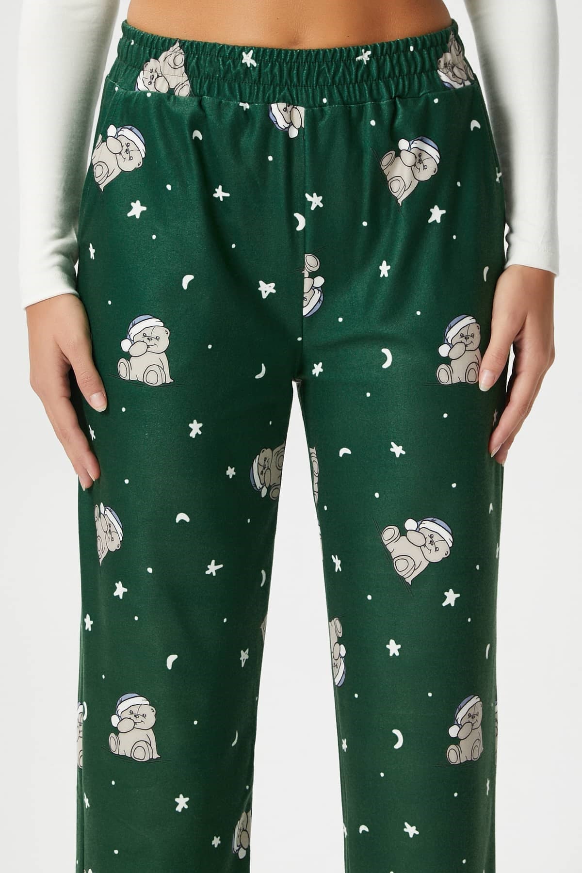 Kadın Teddi Ultra Yumuşak Cepli Yeşil Ayıcık Desen Yılbaşı Pijama Altı