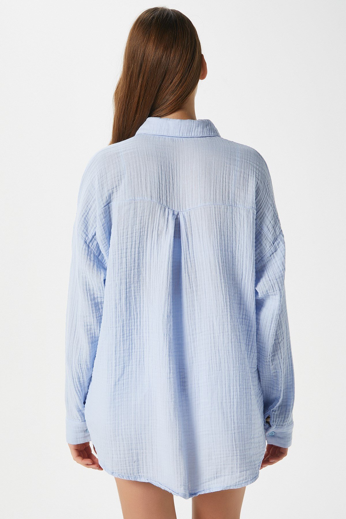 Kadın Tilda %100 Pamuk Müslin Oversize Mavi Gömlek