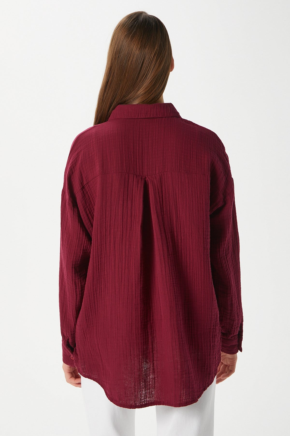 Kadın Tilda %100 Pamuk Müslin Oversize Bordo Gömlek