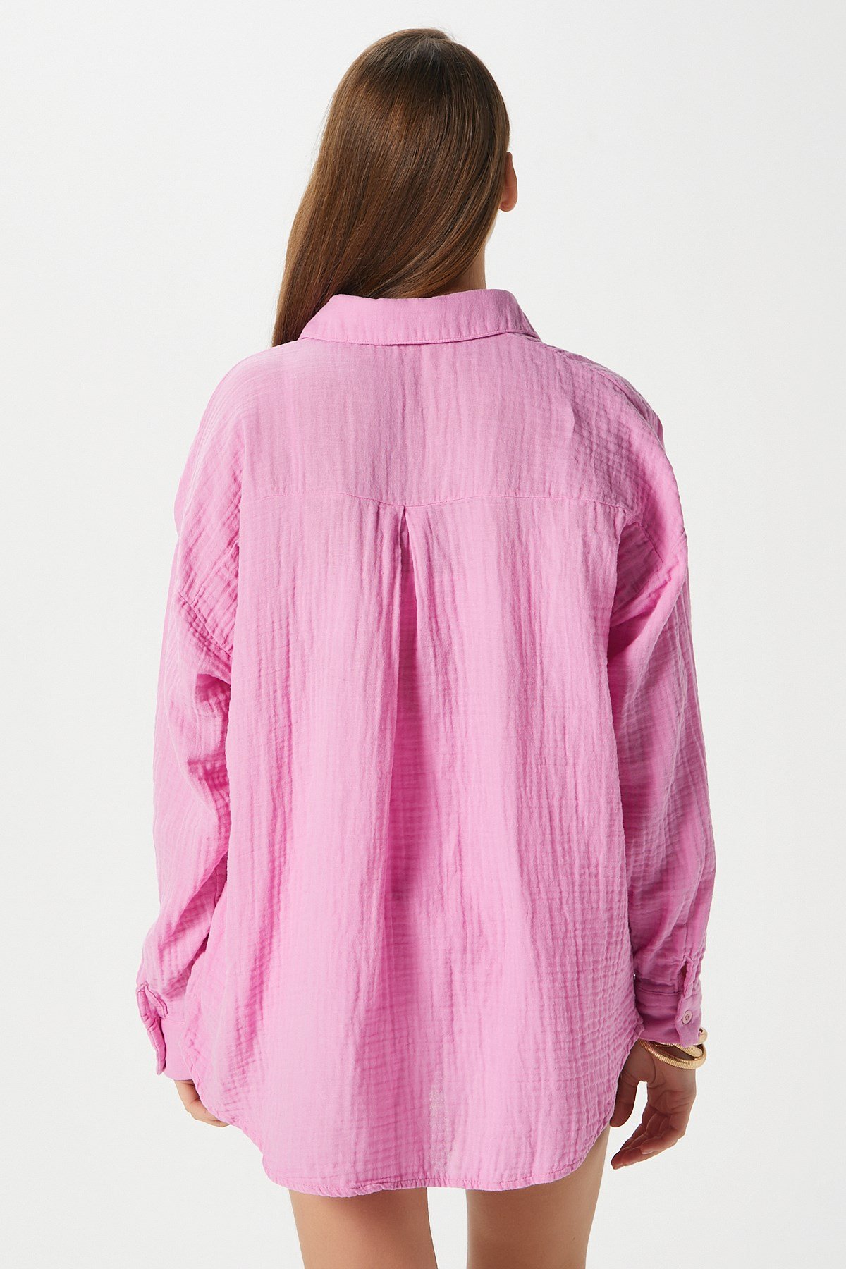 Kadın Tilda %100 Pamuk Müslin Oversize Pembe Gömlek