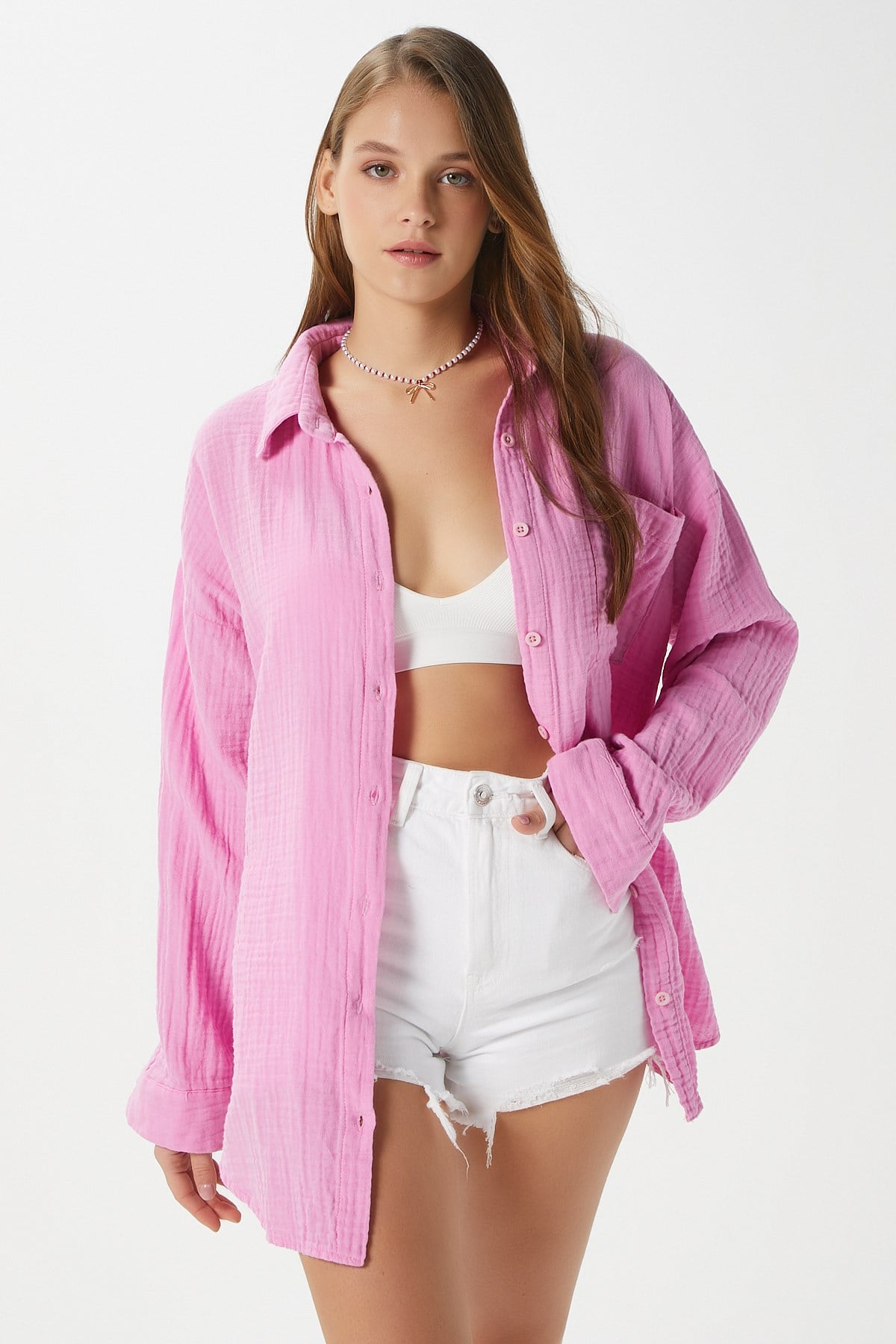 Kadın Tilda %100 Pamuk Müslin Oversize Pembe Gömlek