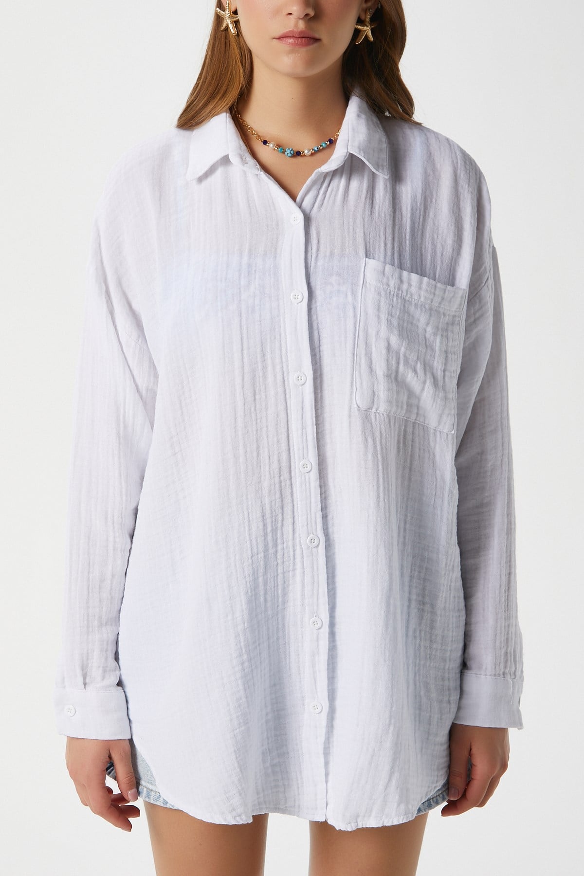 Kadın Tilda %100 Pamuk Müslin Oversize Beyaz Gömlek