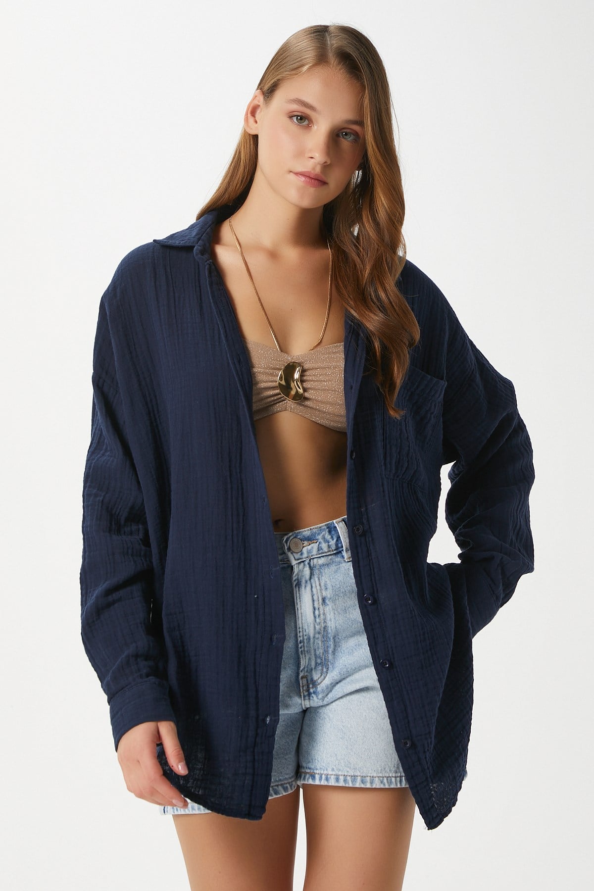 Kadın Tilda %100 Pamuk Müslin Oversize Lacivert Gömlek