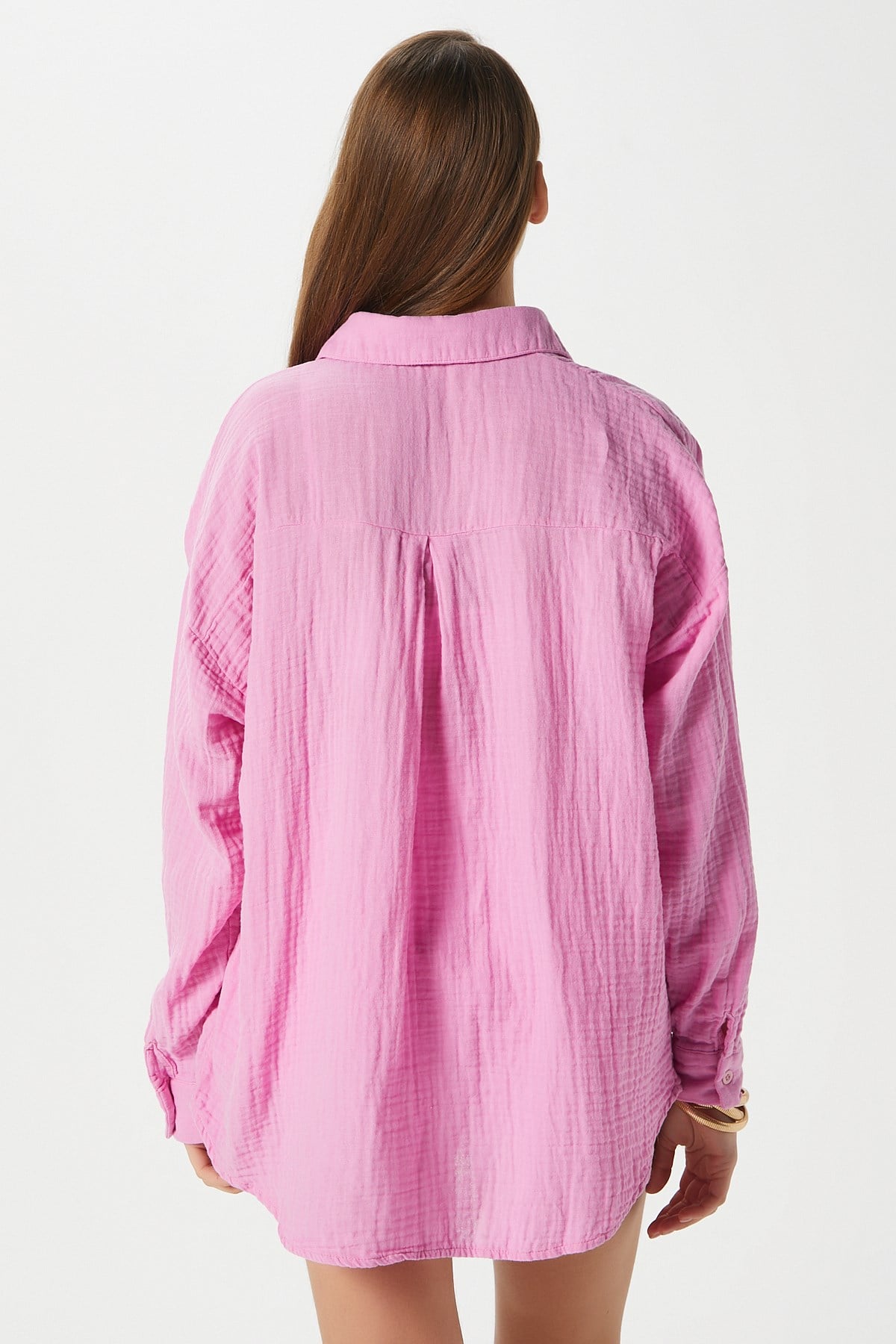 Kadın Tilda %100 Pamuk Müslin Oversize Pembe Gömlek