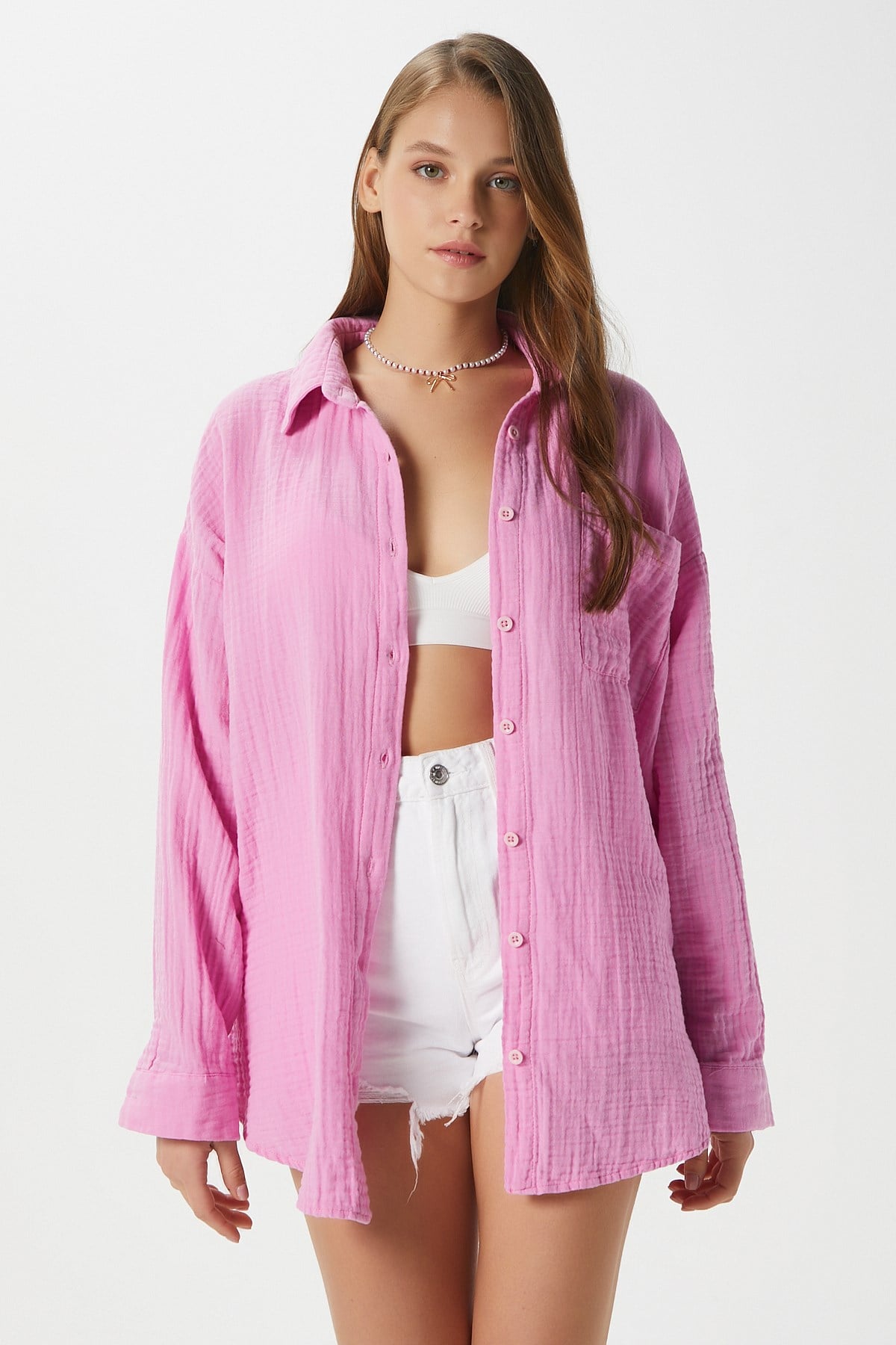 Kadın Tilda %100 Pamuk Müslin Oversize Pembe Gömlek