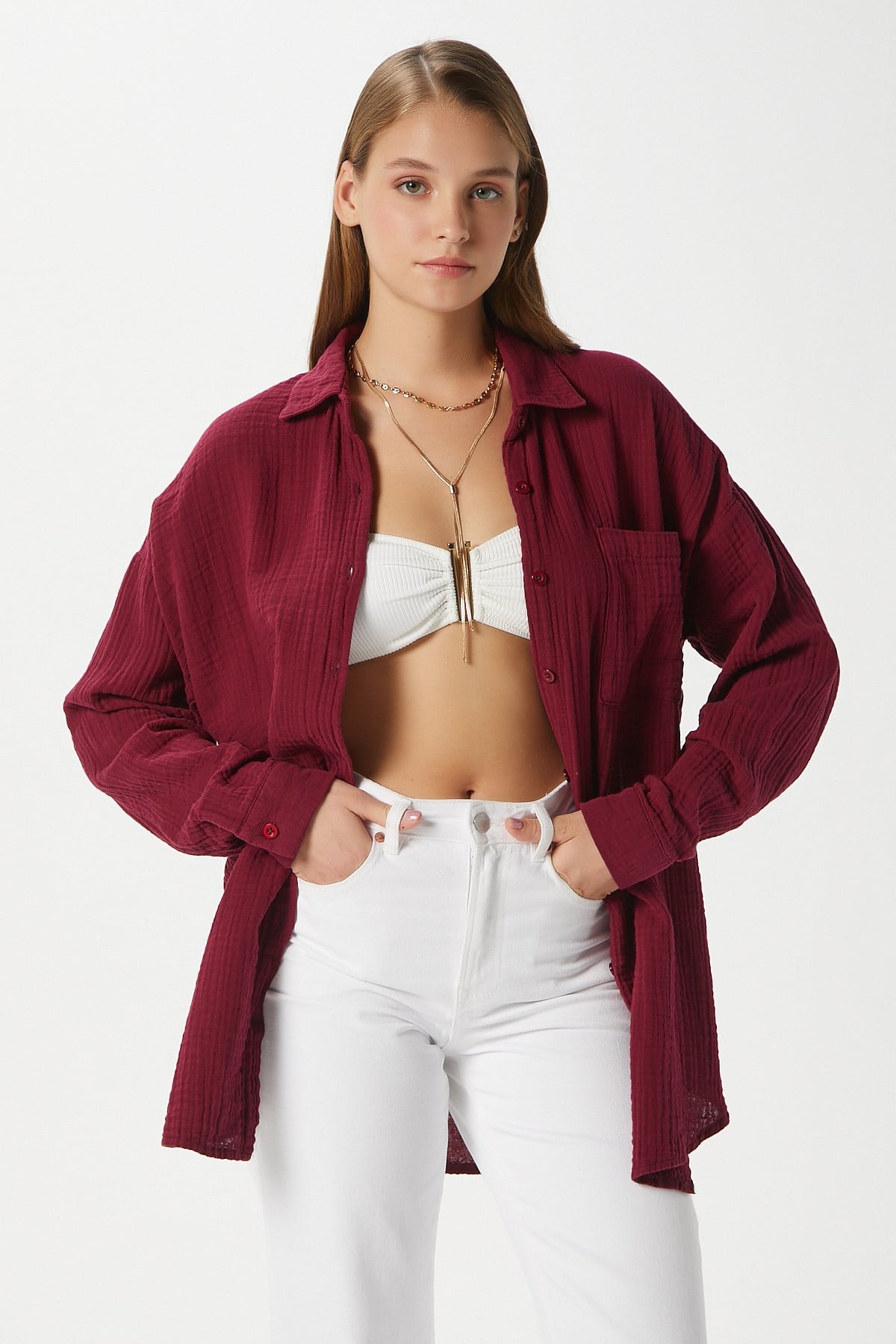 Kadın Tilda %100 Pamuk Müslin Oversize Bordo Gömlek
