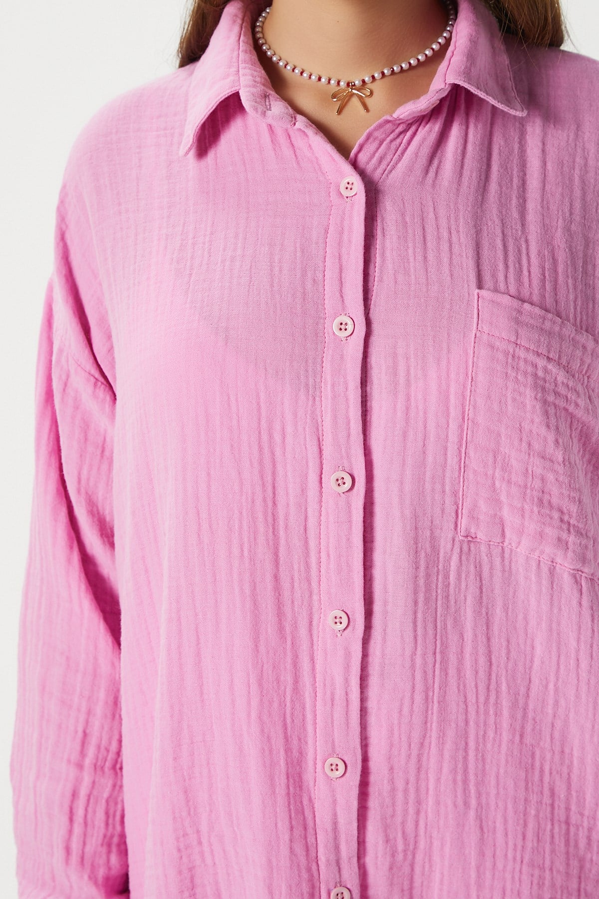 Kadın Tilda %100 Pamuk Müslin Oversize Pembe Gömlek