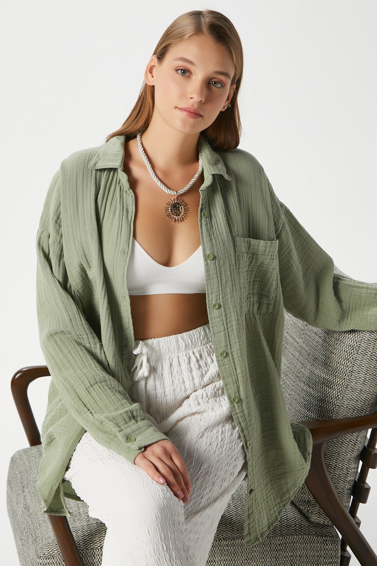 Kadın Tilda %100 Pamuk Müslin Oversize Haki Gömlek
