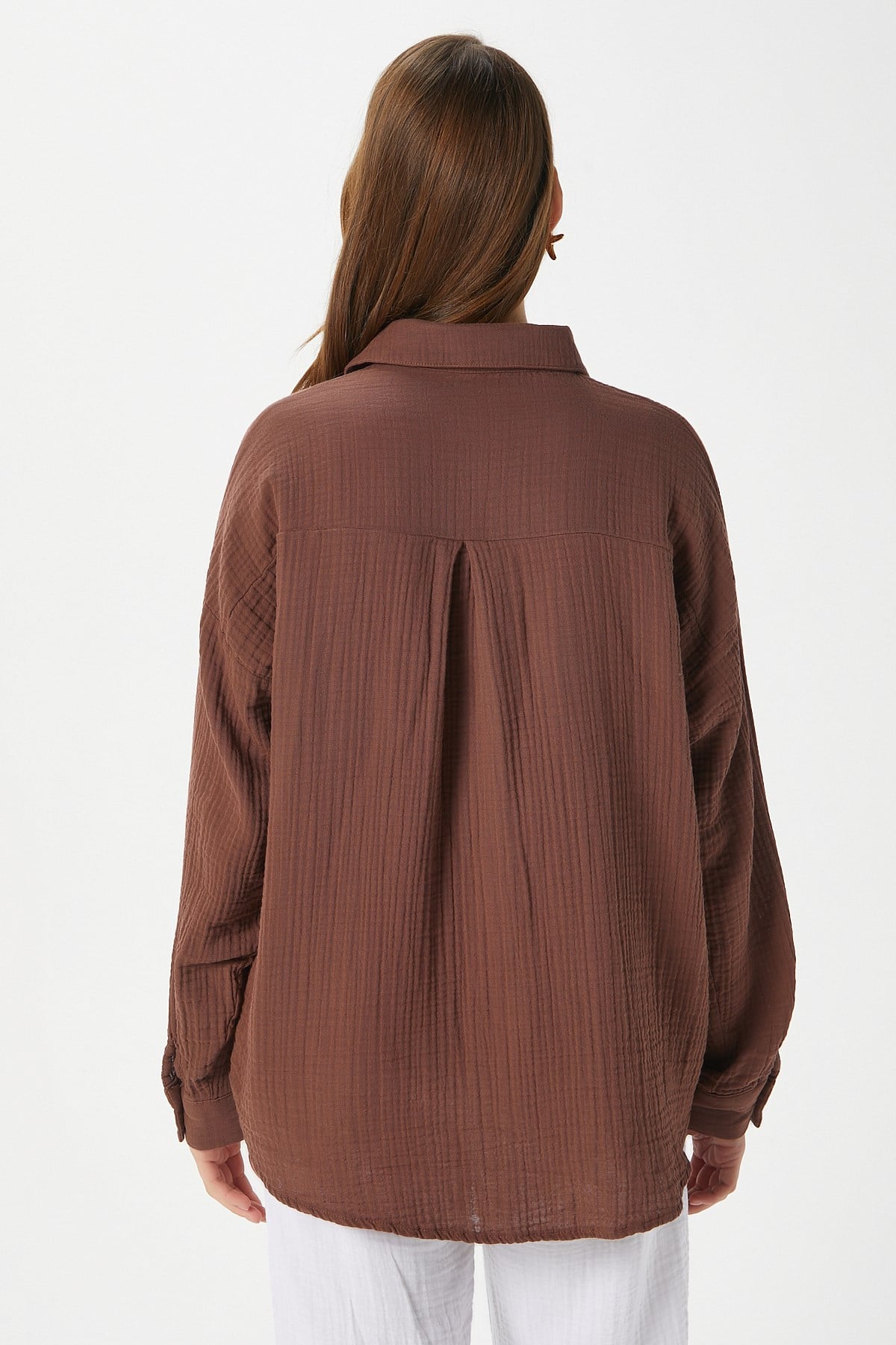 Kadın Tilda %100 Pamuk Müslin Oversize Kahverengi Gömlek