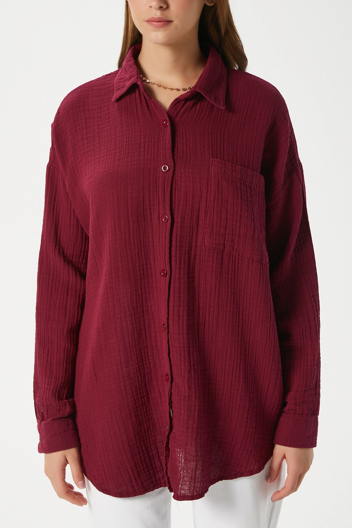 Kadın Tilda %100 Pamuk Müslin Oversize Bordo Gömlek