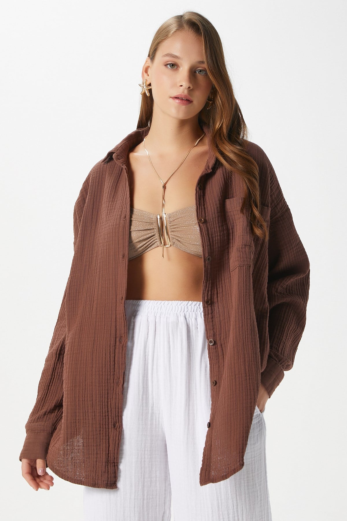 Kadın Tilda %100 Pamuk Müslin Oversize Kahverengi Gömlek