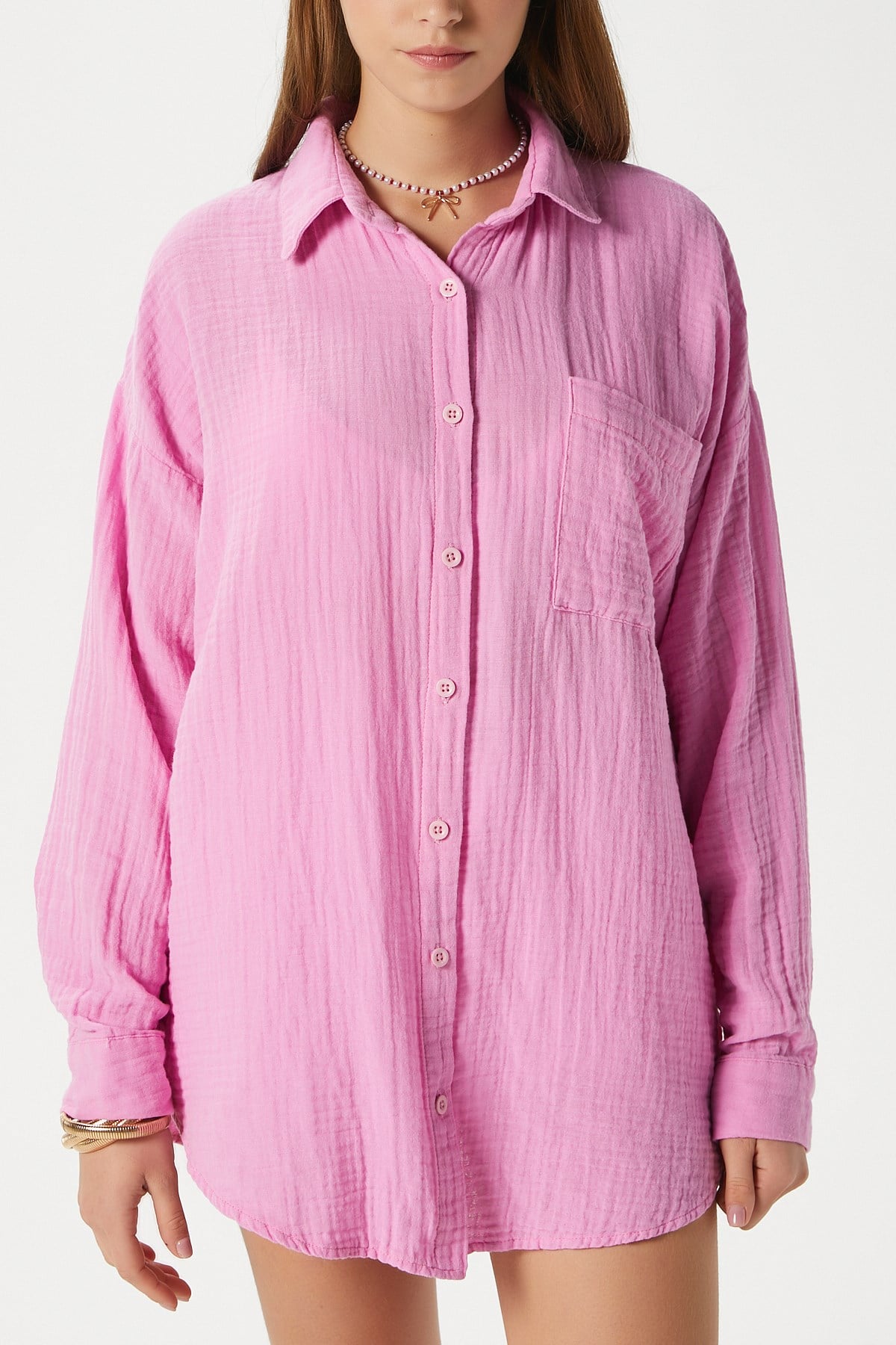 Kadın Tilda %100 Pamuk Müslin Oversize Pembe Gömlek