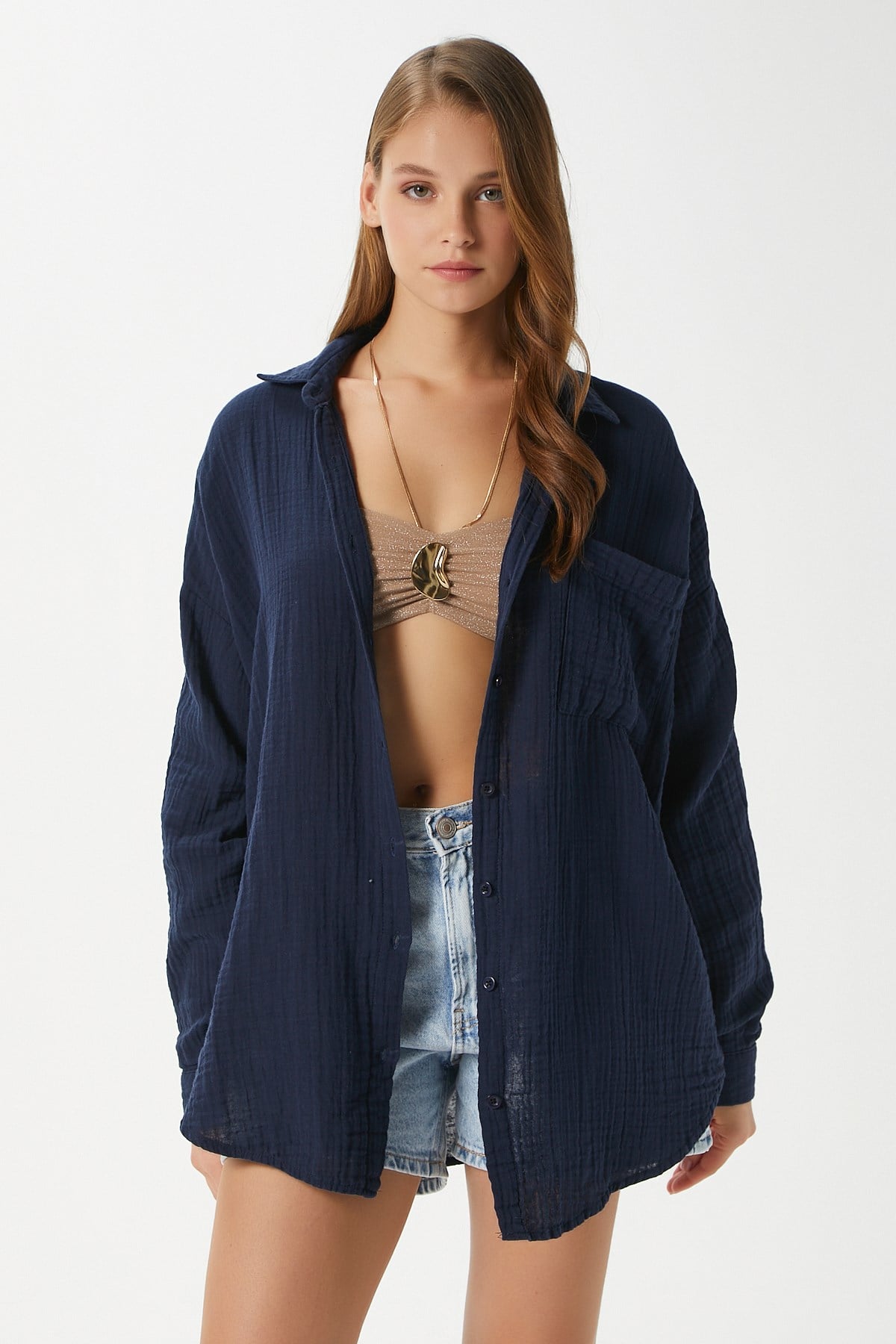 Kadın Tilda %100 Pamuk Müslin Oversize Lacivert Gömlek