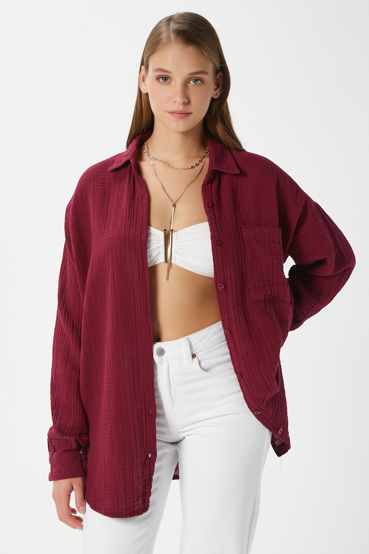 Kadın Tilda %100 Pamuk Müslin Oversize Bordo Gömlek
