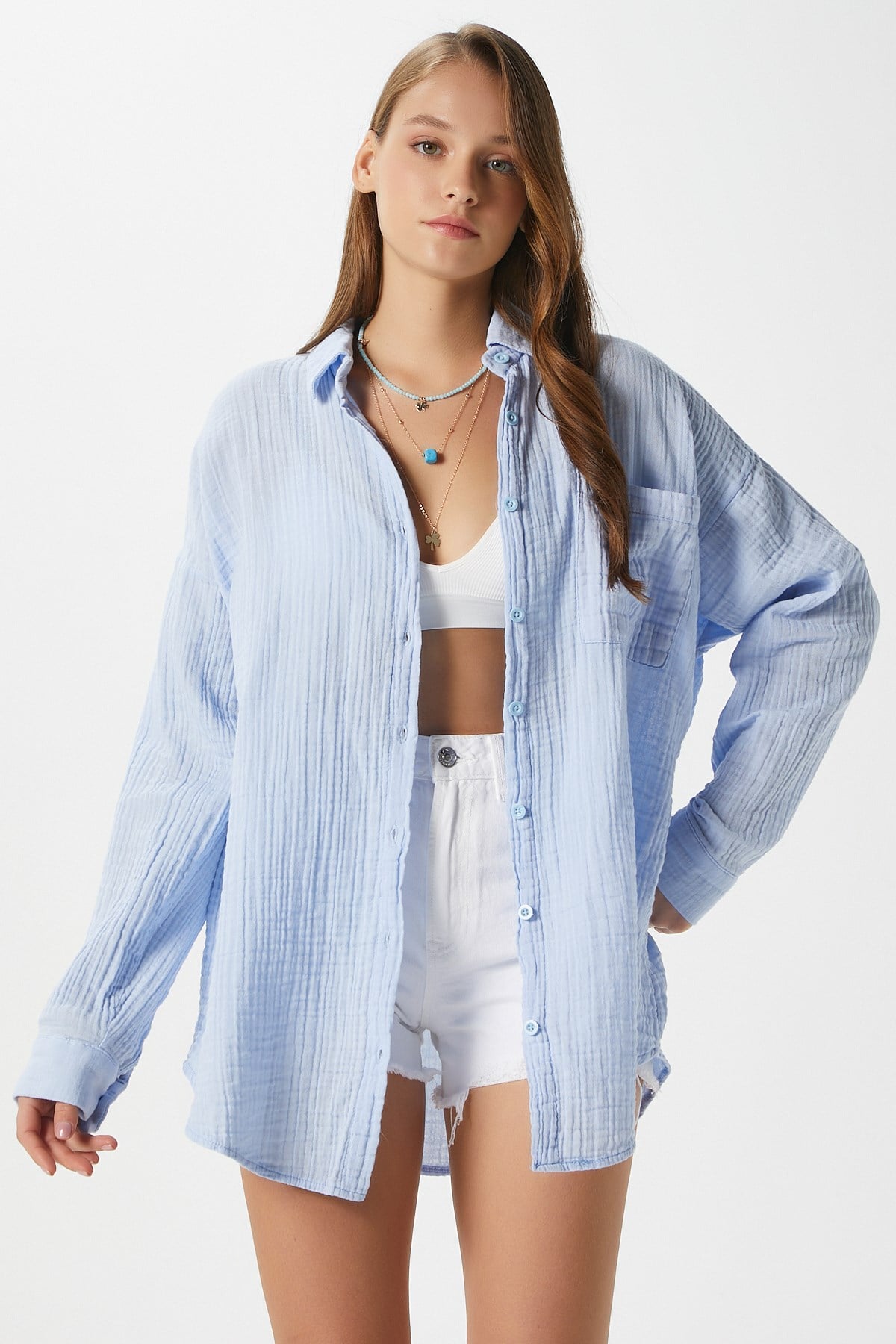 Kadın Tilda %100 Pamuk Müslin Oversize Mavi Gömlek