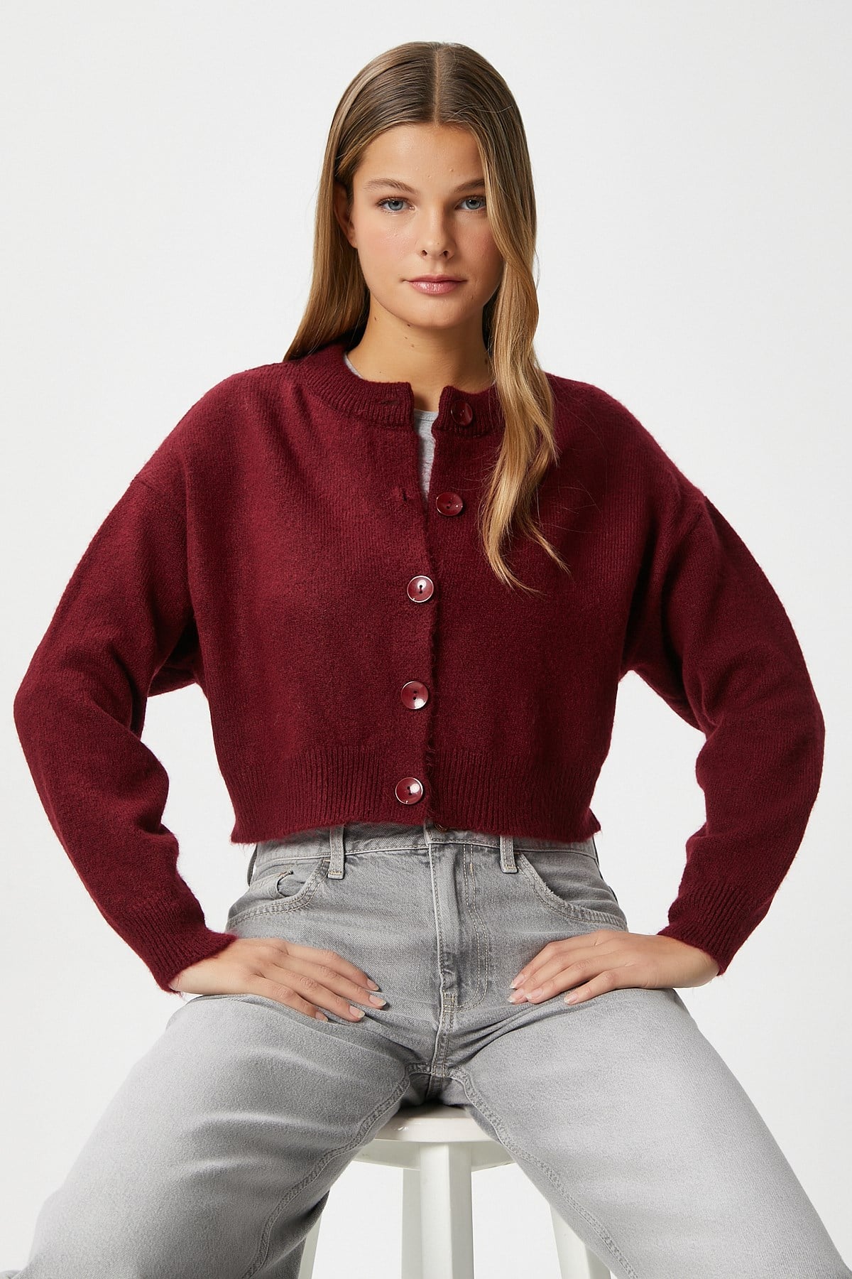 Kadın Tilia Crop Bordo Örgü Hırka