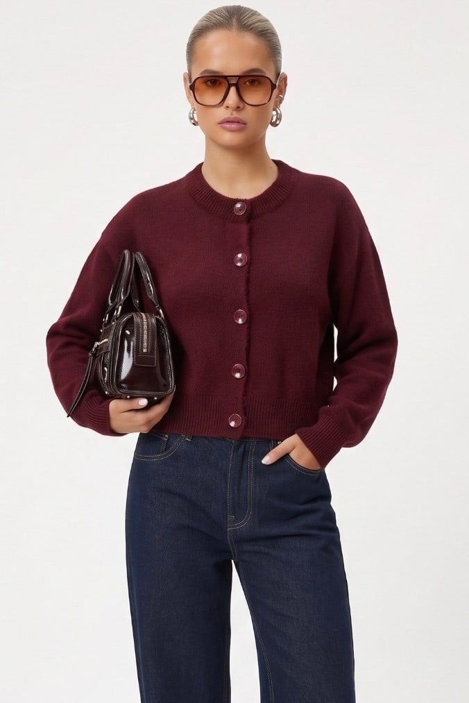 Kadın Tilia Crop Bordo Örgü Hırka