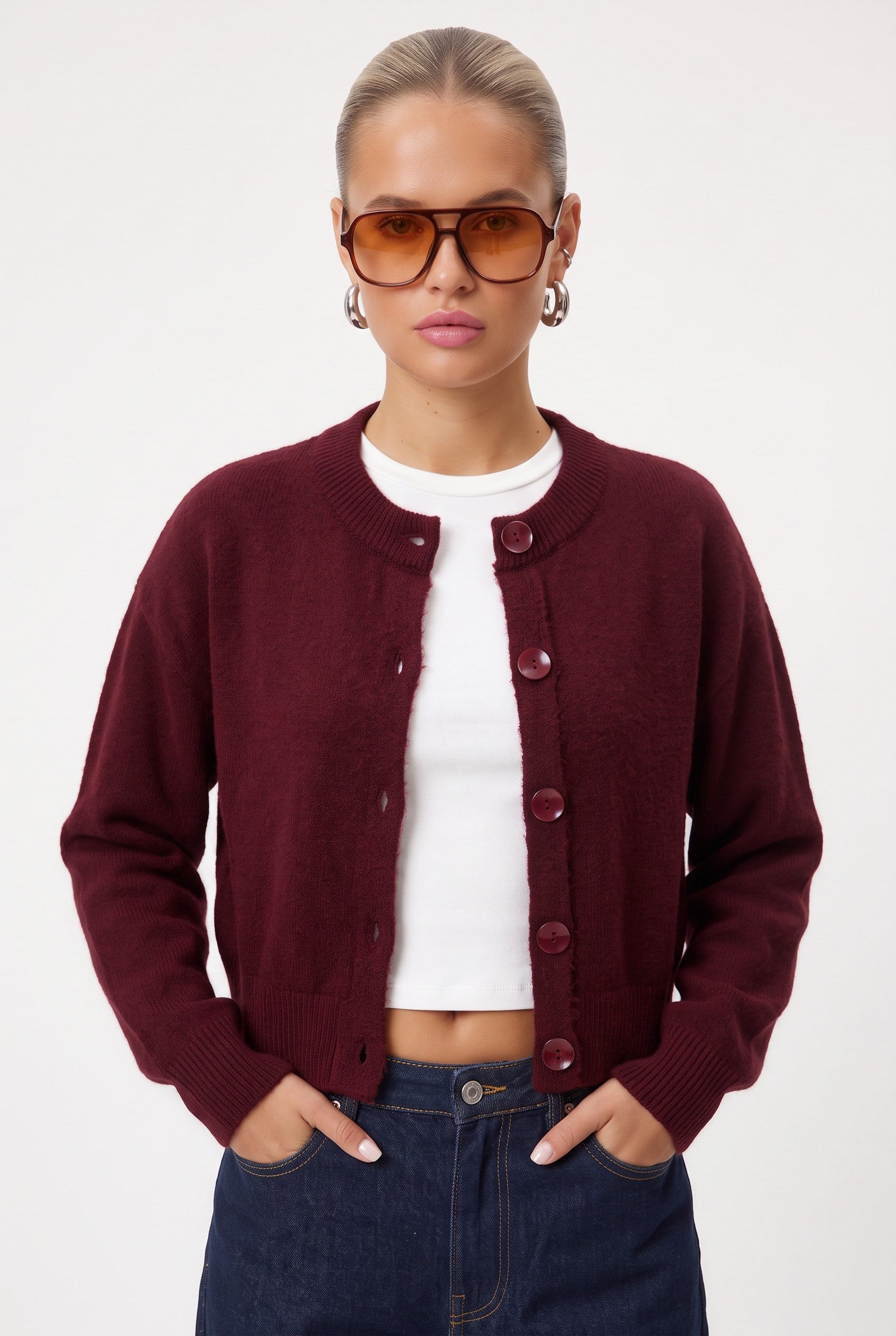 Kadın Tilia Crop Bordo Örgü Hırka