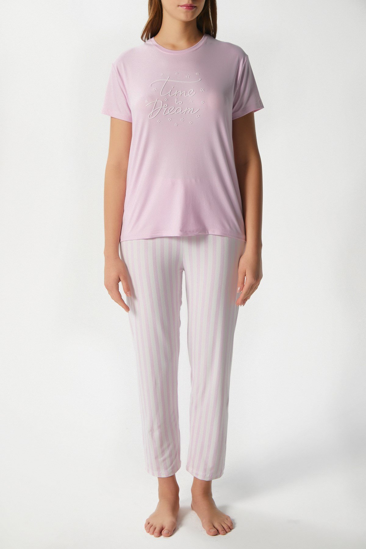 Kadın Time Yumuşak Doku Pembe Çizgili Bisiklet Yaka Kısa Kollu Alt Üst Pijama Takımı